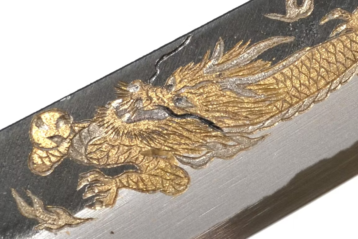 Sakai Takayuki Metal Decorated Engraving by Kubota Kin ryū White Steel No.2 Black Finished Sujihiki 240mm Ebony Wood (ferrule: Black Water Buffalo Horn And Silver Ring) Handle - Japanny - Best Japanese Knife
