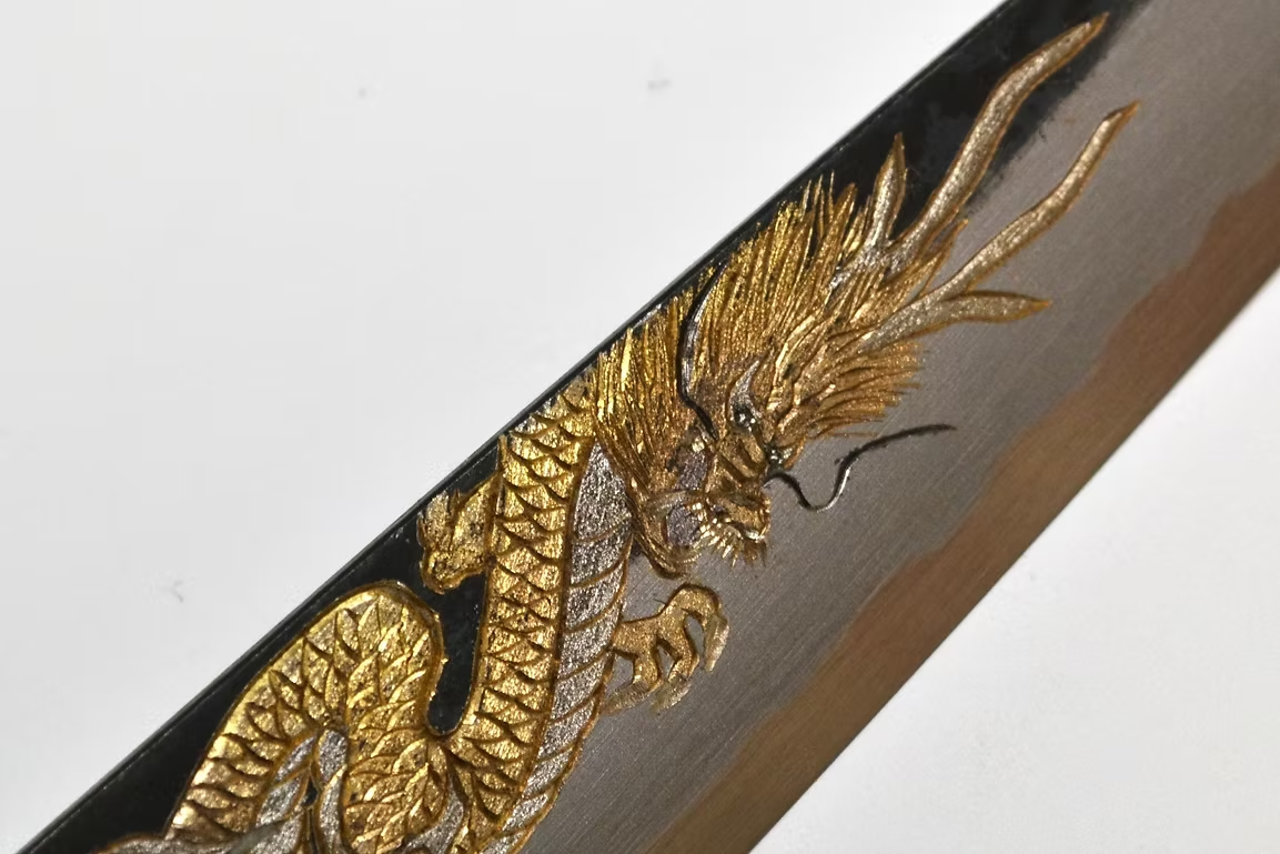 Sakai Takayuki Metal Decorated Engraving by Kubota Ten ryū White Steel No.2 Black Finished Sujihiki 240mm Ebony Wood (ferrule: Black Water Buffalo Horn And Silver Ring) Handle - Japanny - Best Japanese Knife