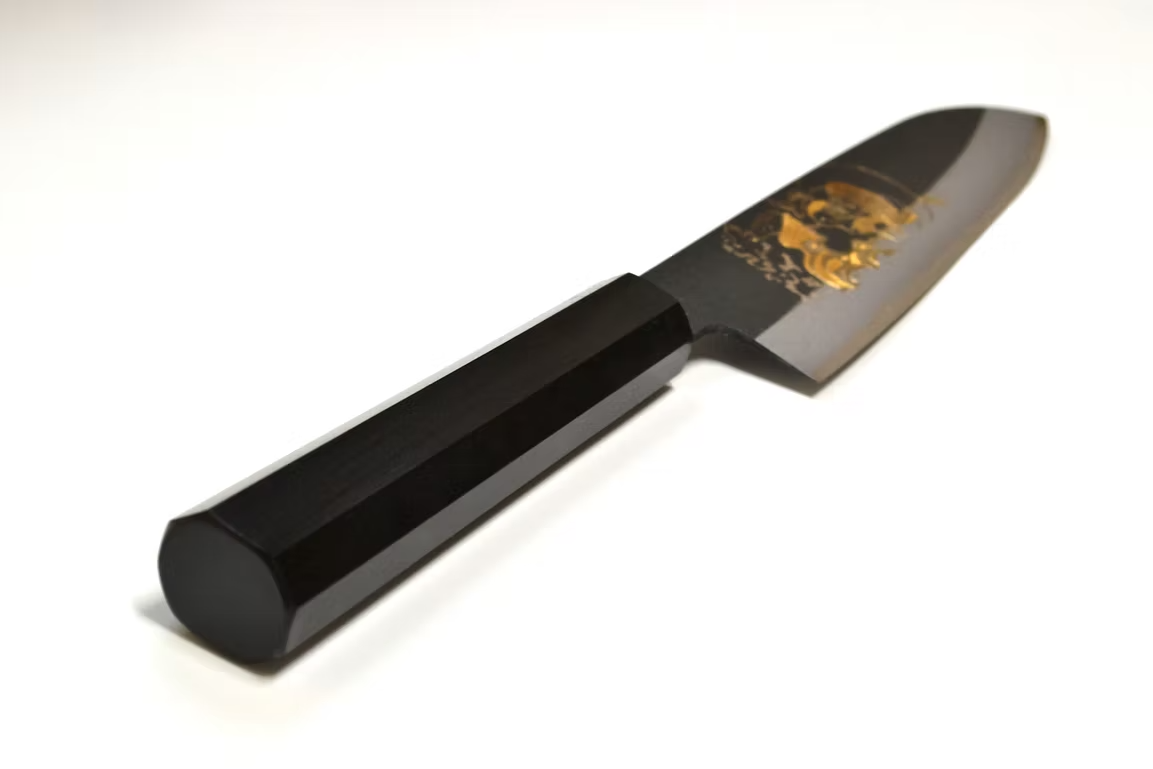 Sakai Takayuki Gold Filled Engraving by Kubota Fūjin White Steel No.2 Black Finished Santoku 180mm Ebony Wood (ferrule: Black Water Buffalo Horn And Silver Ring) Handle - Japanny - Best Japanese Knife
