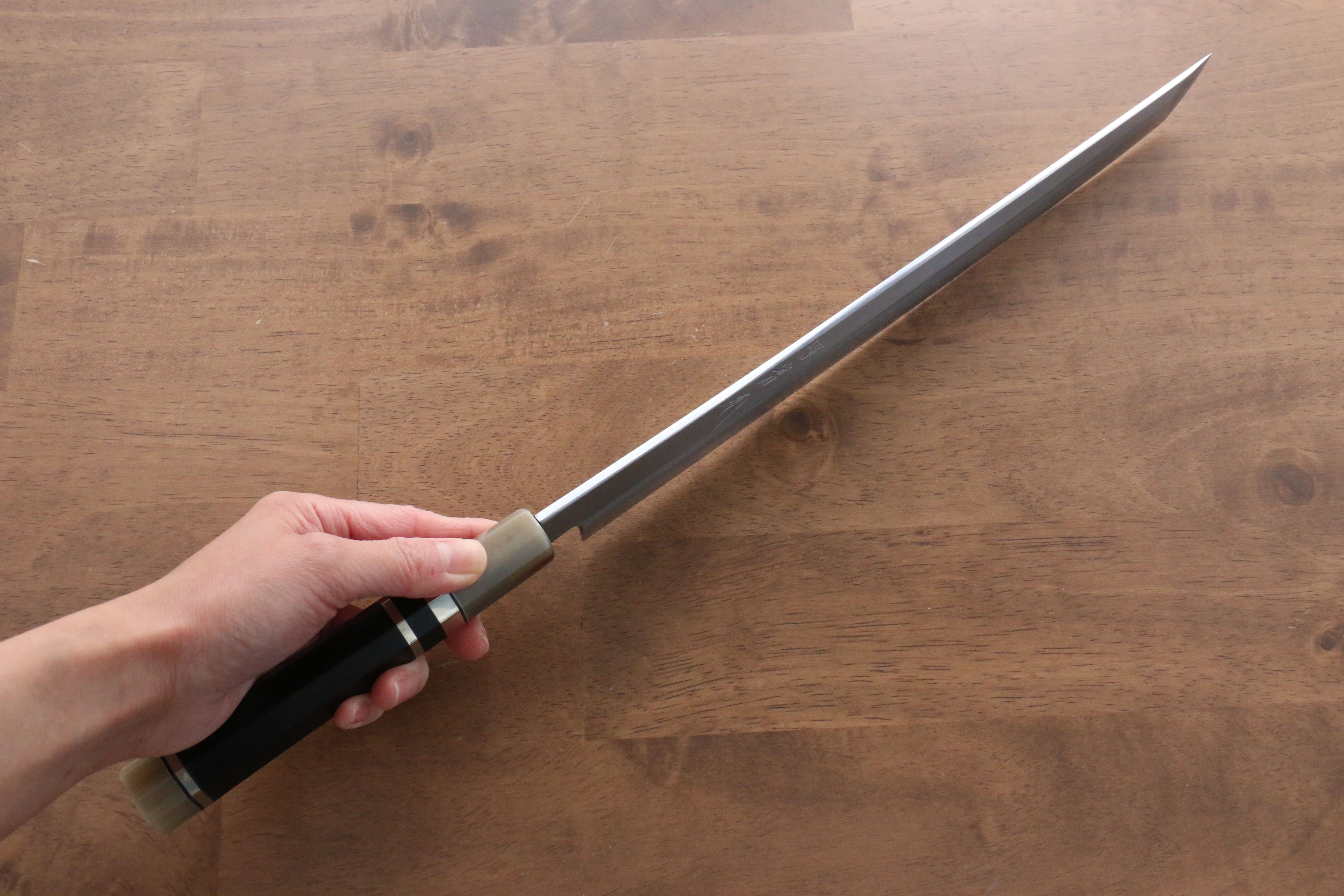 Jikko Shiko White Steel Sakimaru Yanagiba 300mm Ebony with Double Ring Handle - Japanny - Best Japanese Knife