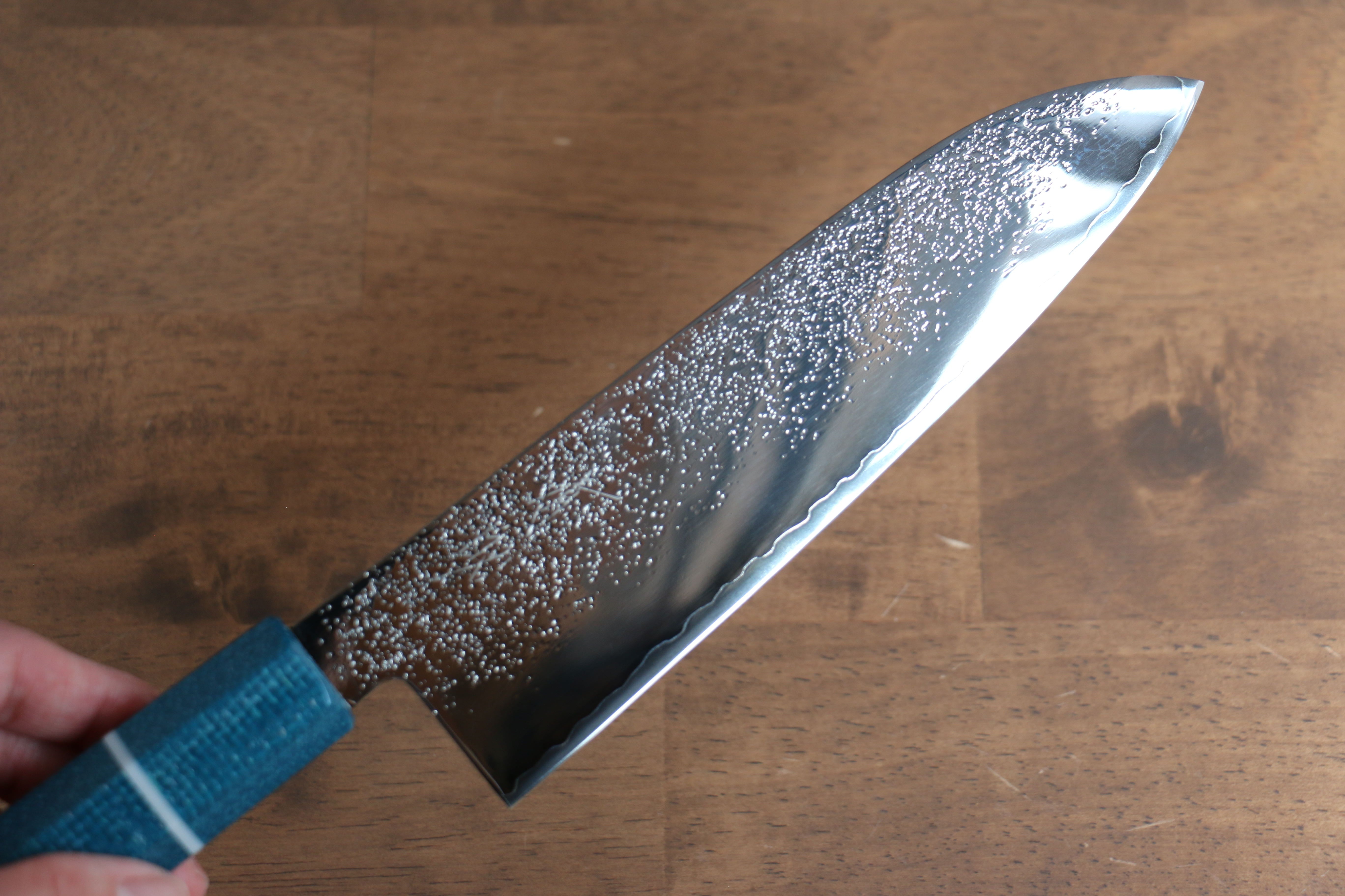 Seisuke VG5 Nashiji black dye Santoku 165mm Blue Canvas Micarta Handle - Japanny - Best Japanese Knife