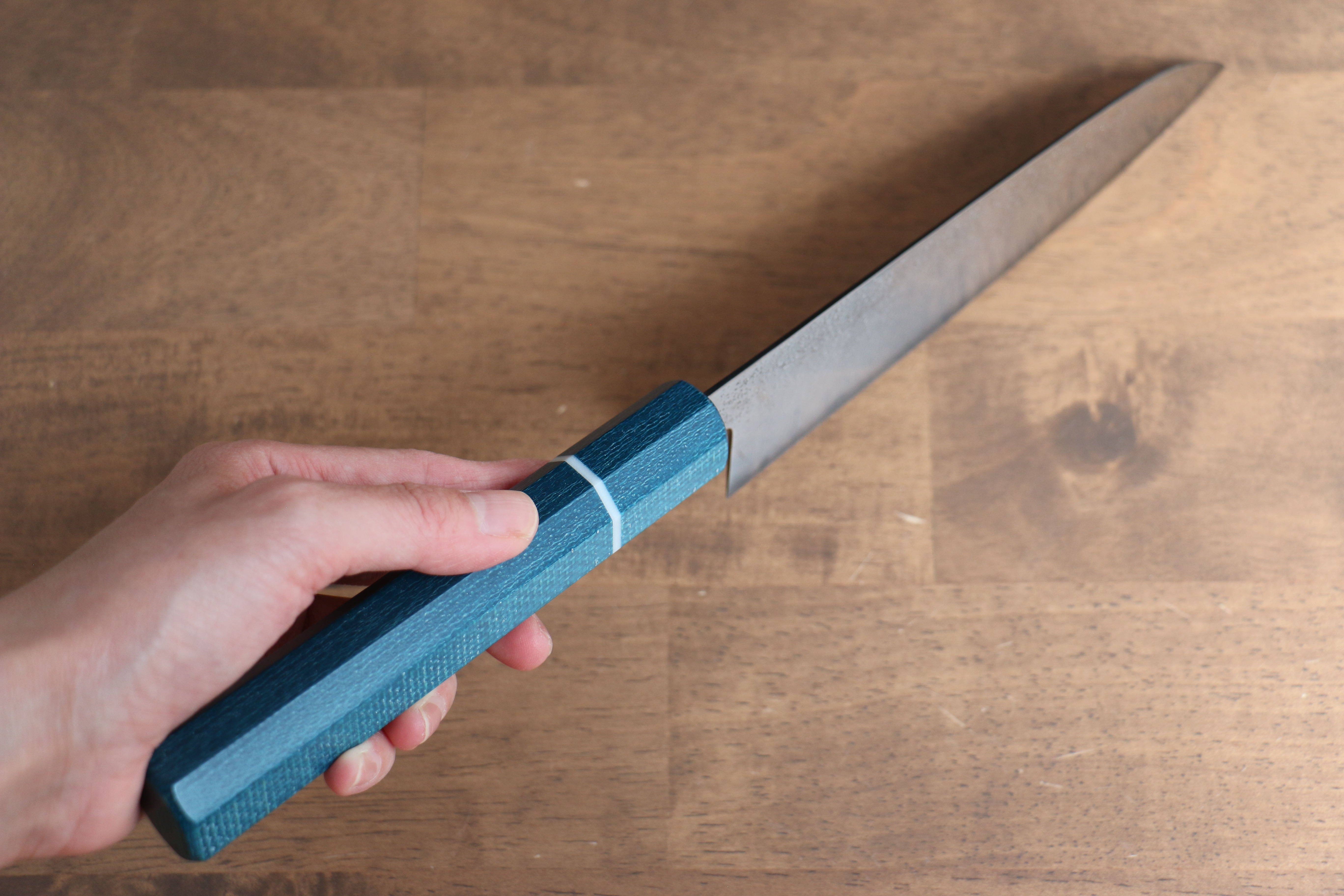 Seisuke VG5 Nashiji black dye Santoku 165mm Blue Canvas Micarta Handle - Japanny - Best Japanese Knife