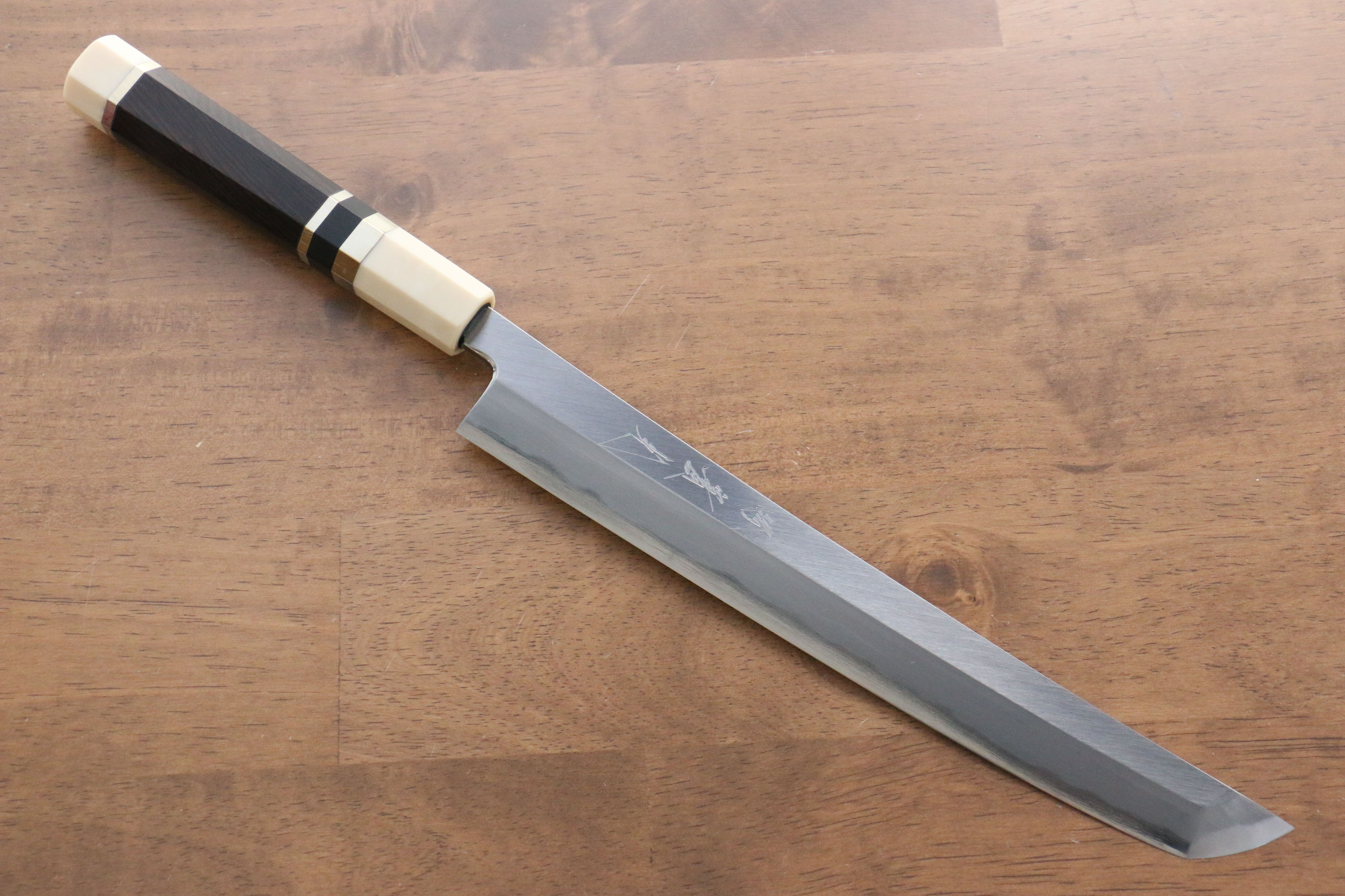 Jikko Shiko Blue Steel Sakimaru Yanagiba 240mm Ebony with Double Ring Handle - Japanny - Best Japanese Knife