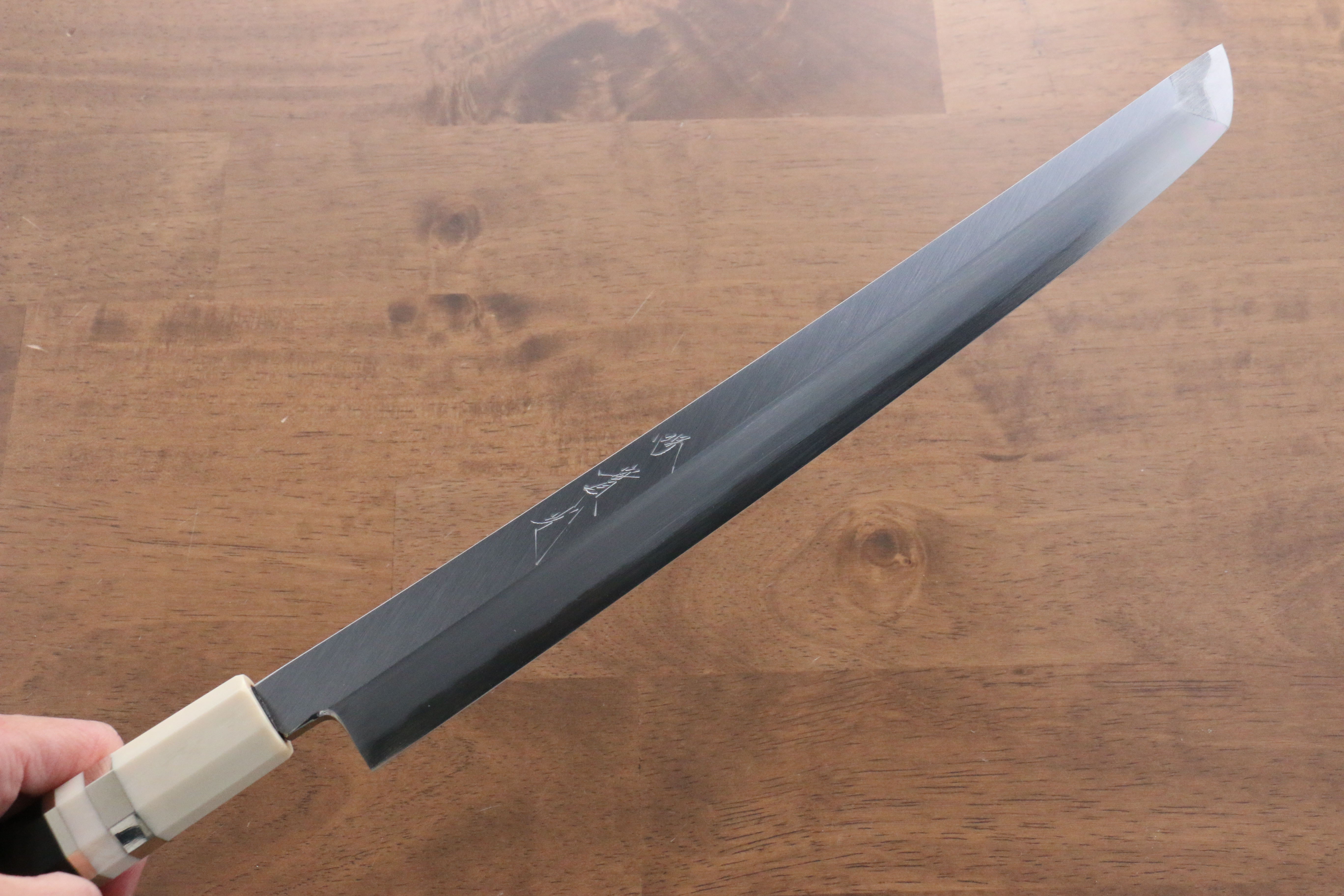 Jikko Shiko Blue Steel Sakimaru Yanagiba 300mm Ebony with Double Ring Handle - Japanny - Best Japanese Knife