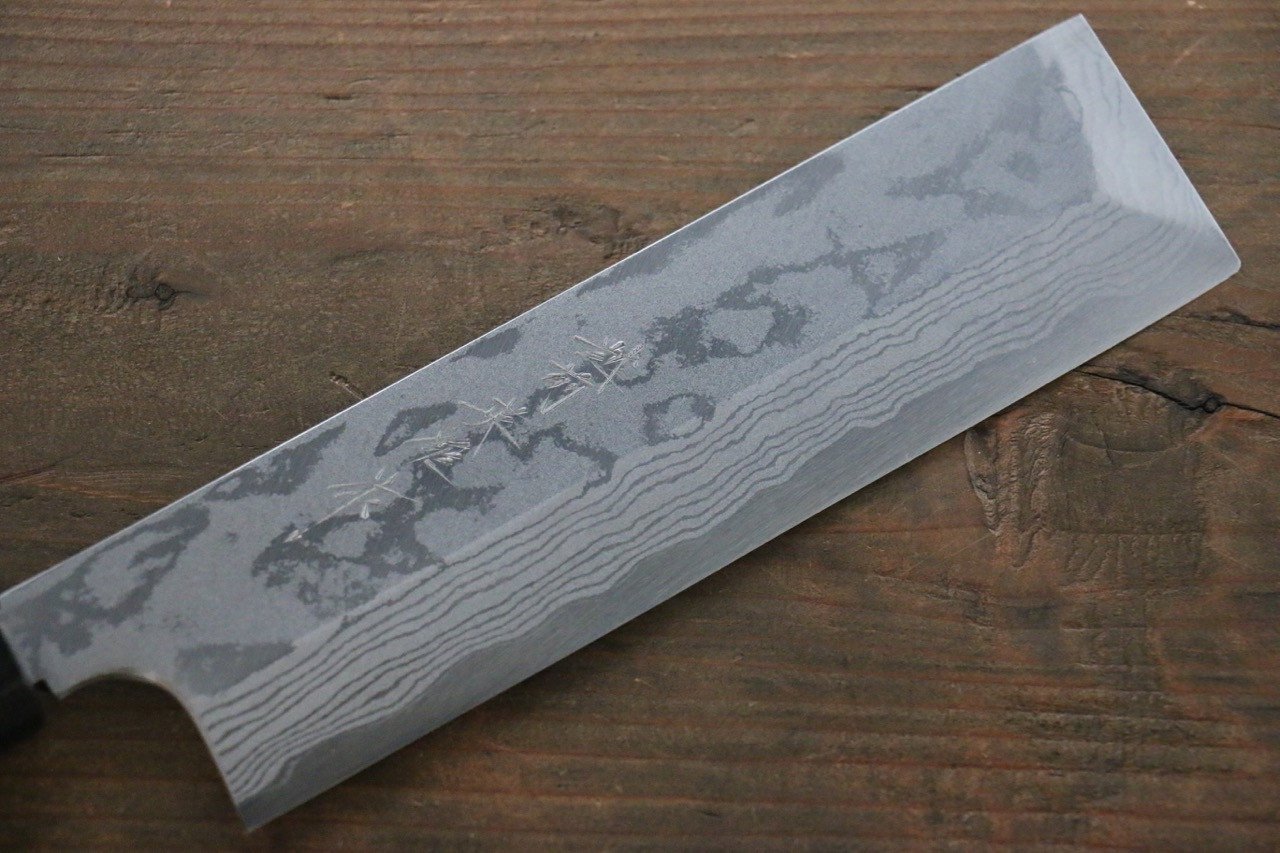 Hideo Kitaoka Blue Steel No.2 Damascus Kakugata Usuba 165mm Shitan Handle - Japanny - Best Japanese Knife
