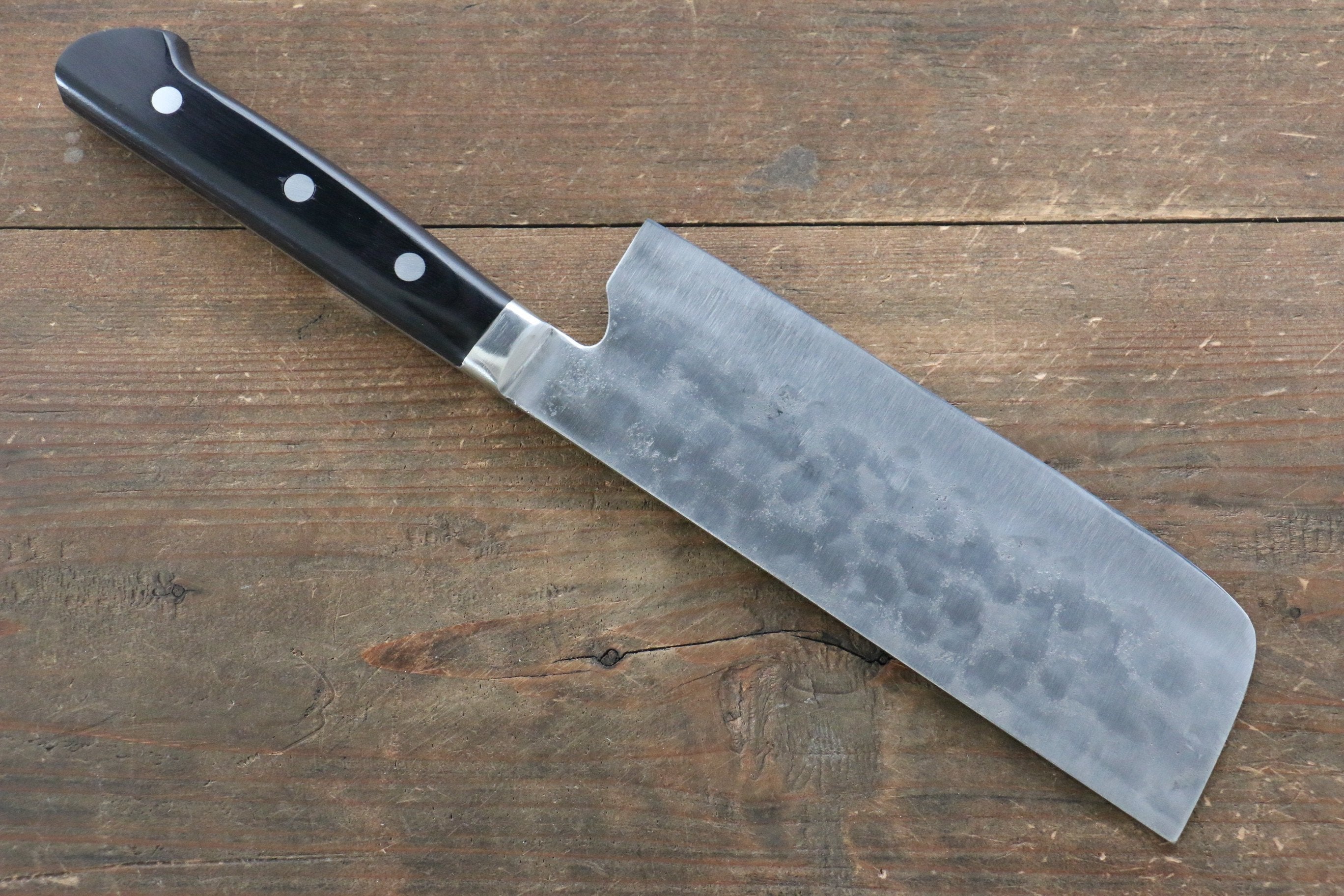 Fujiwara Teruyasu Fujiwara Teruyasu Maboroshi White Steel No.1 Nashiji Hammered Nakiri 165mm with Black Pakka wood Handle - Japanny - Best Japanese Knife