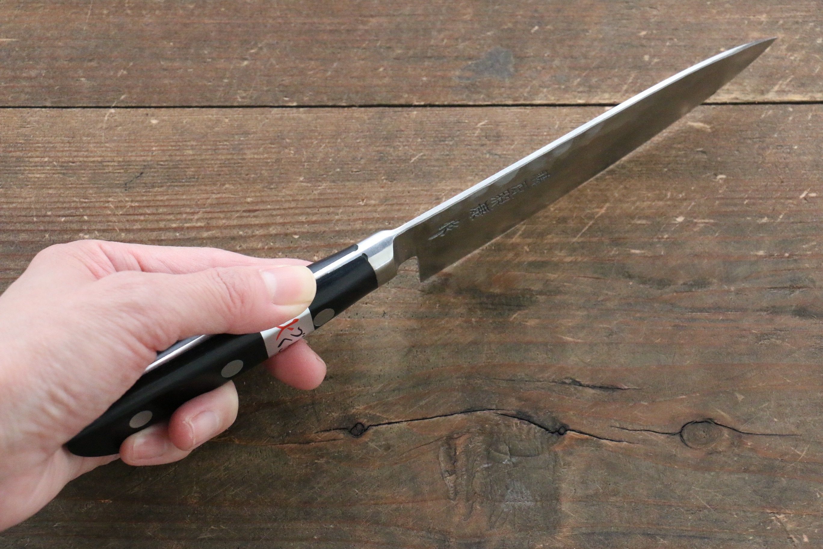 Fujiwara Teruyasu Fujiwara Teruyasu Maboroshi White Steel No.1 Nashiji Hammered Petty-Utility 130mm with Black Pakka wood Handle - Japanny - Best Japanese Knife