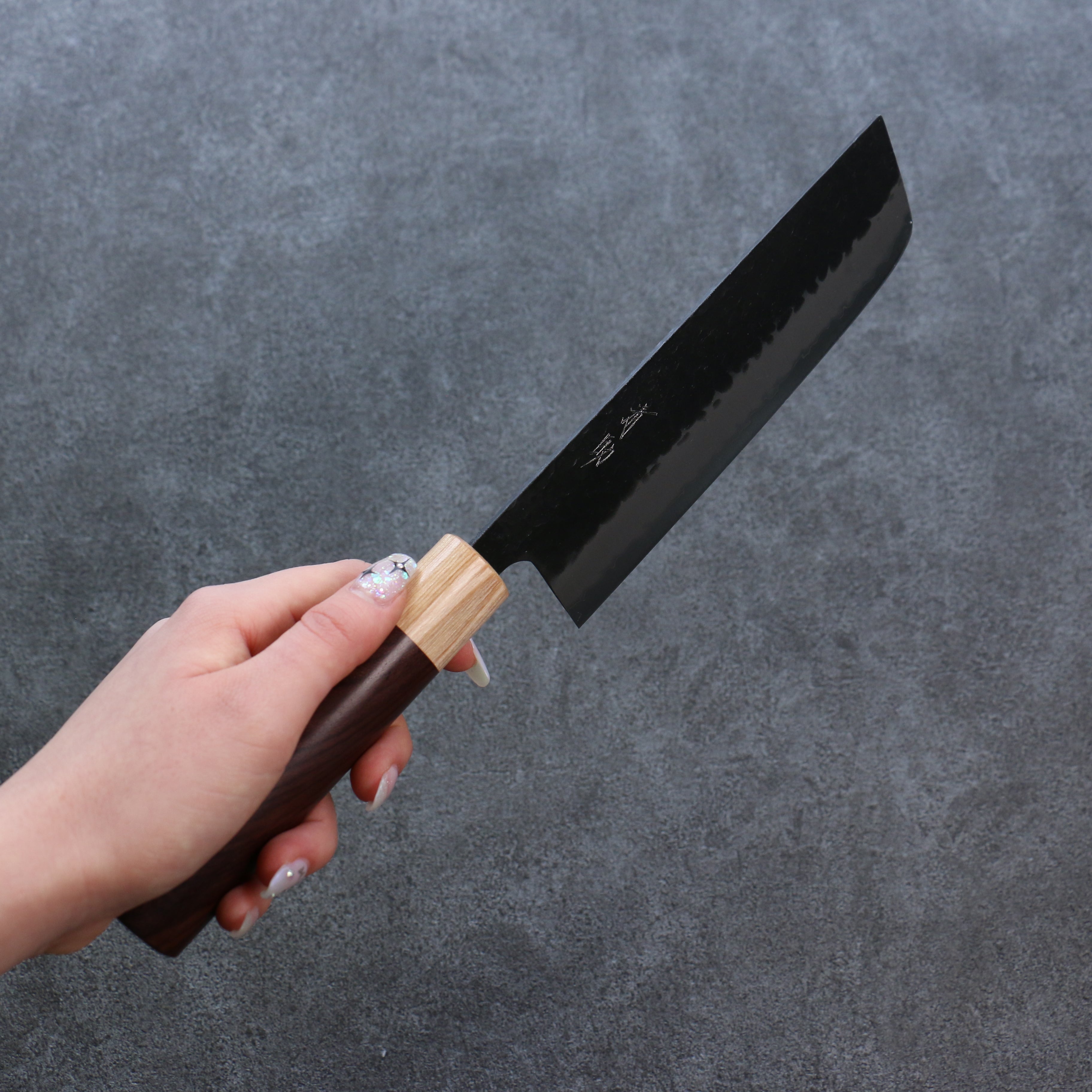 Seisuke Shitan Blue Super Hammered Kurouchi Nakiri 165mm Shitan Handle - Japanny - Best Japanese Knife