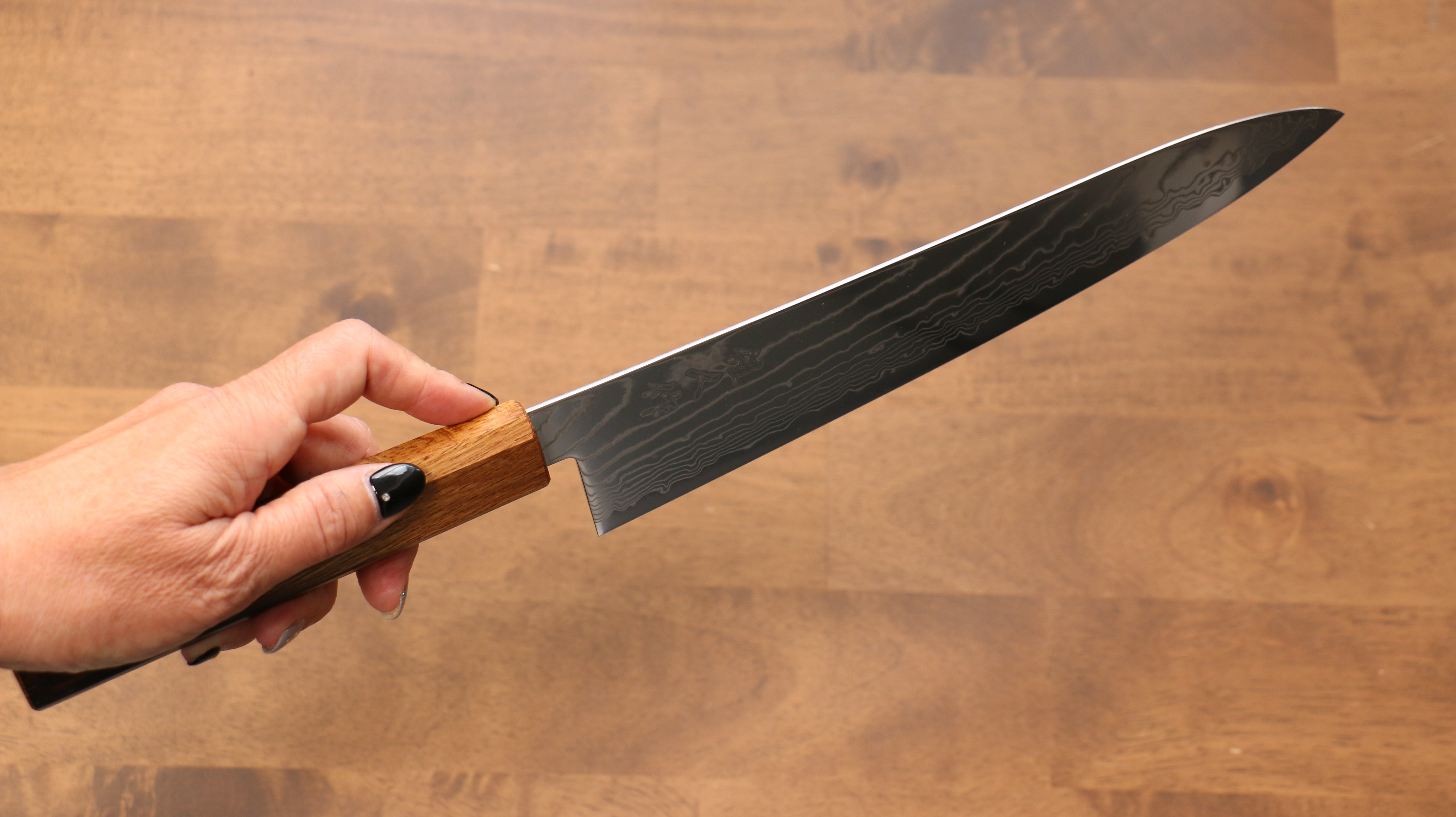 Kajin Cobalt Special Steel Damascus Gyuto 240mm Burnt Oak (Mehakkaku) Handle - Japanny - Best Japanese Knife