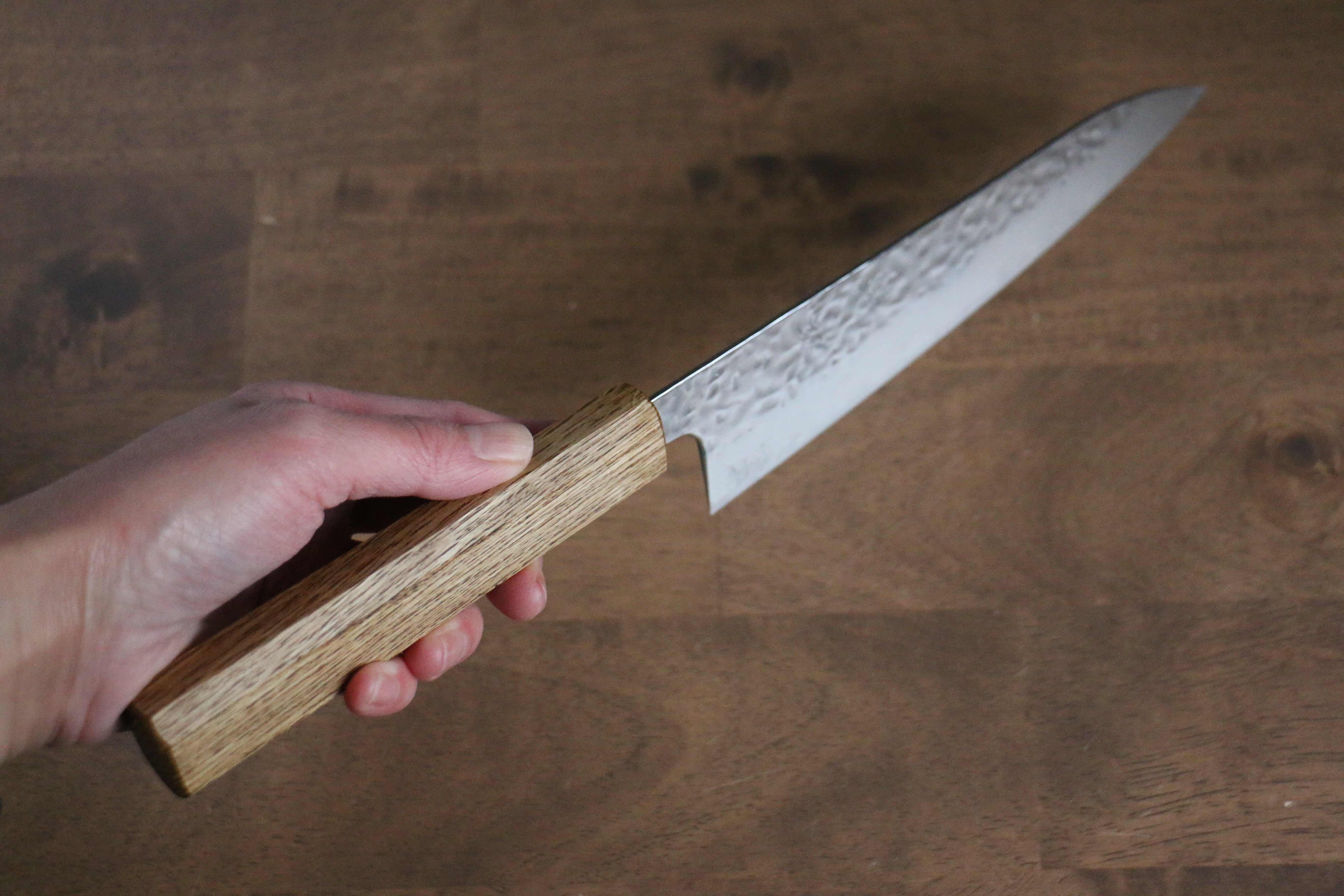 Seisuke Tsukikage AUS10 Migaki Finished Hammered Damascus Gyuto 180mm Oak Handle - Japanny - Best Japanese Knife