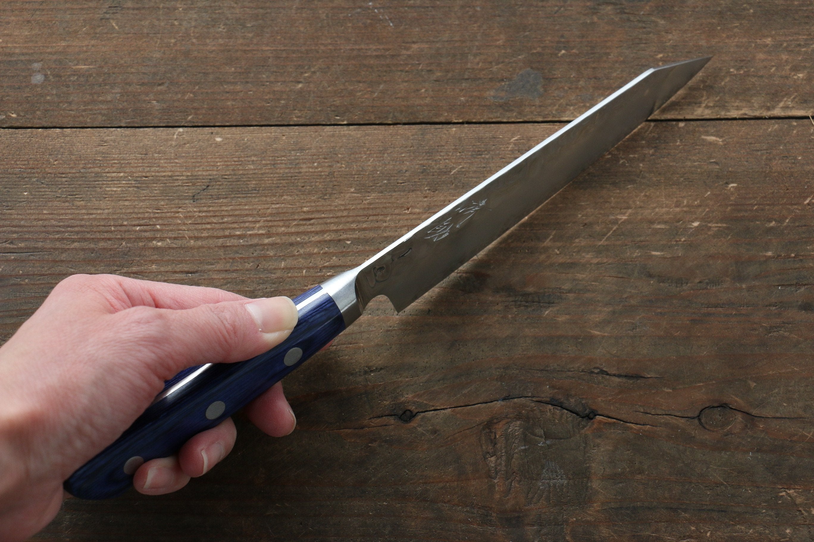 Seisuke Aotsuchi AUS10 Hammered Kiritsuke Petty-Utility 140mm Blue Pakka wood Handle - Japanny - Best Japanese Knife