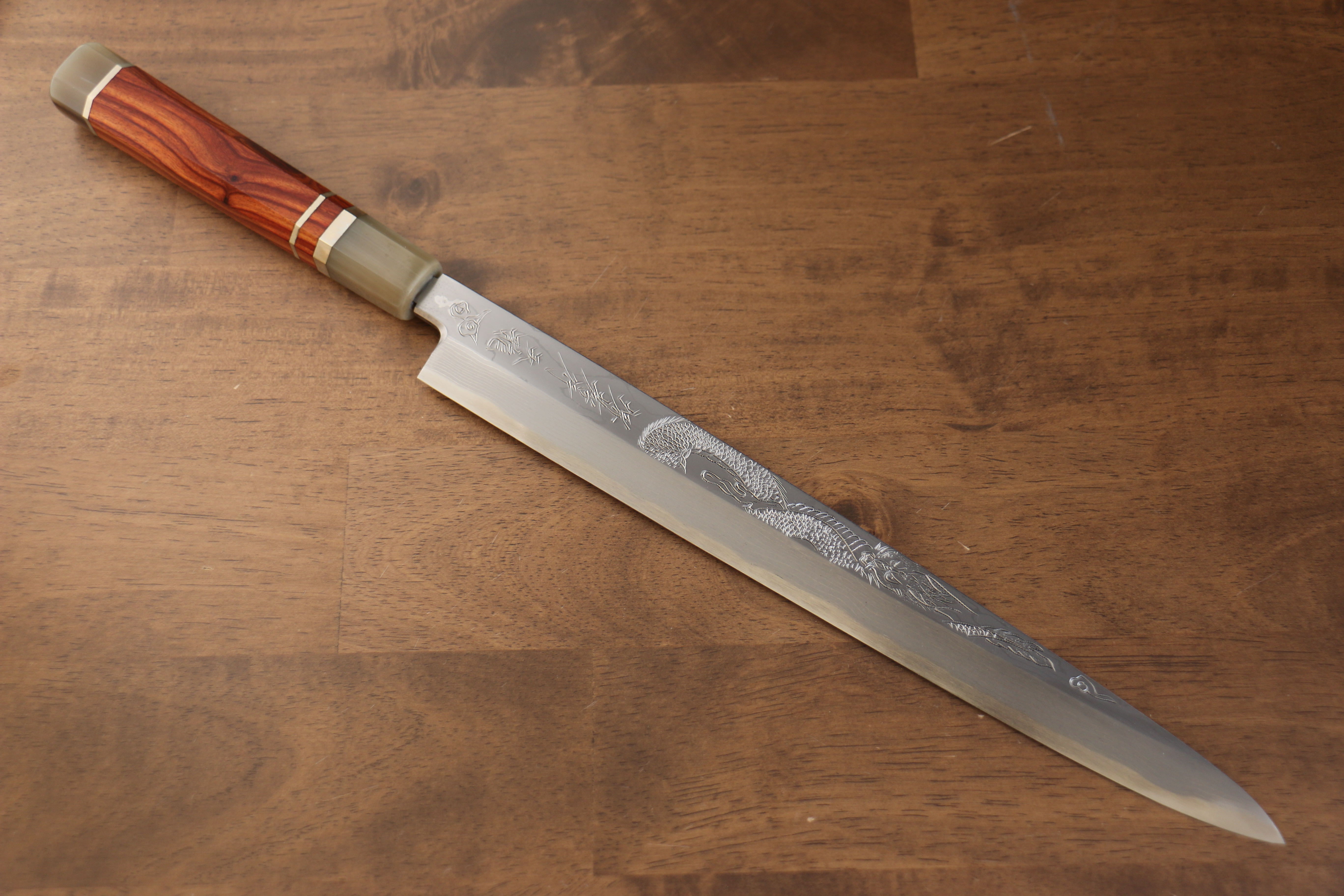 Sakai Takayuki Tenryu Uzushio Blue Steel No.2 Dragon Engraved Yanagiba 300mm Red Ebony Wood Handle with Sheath - Japanny - Best Japanese Knife