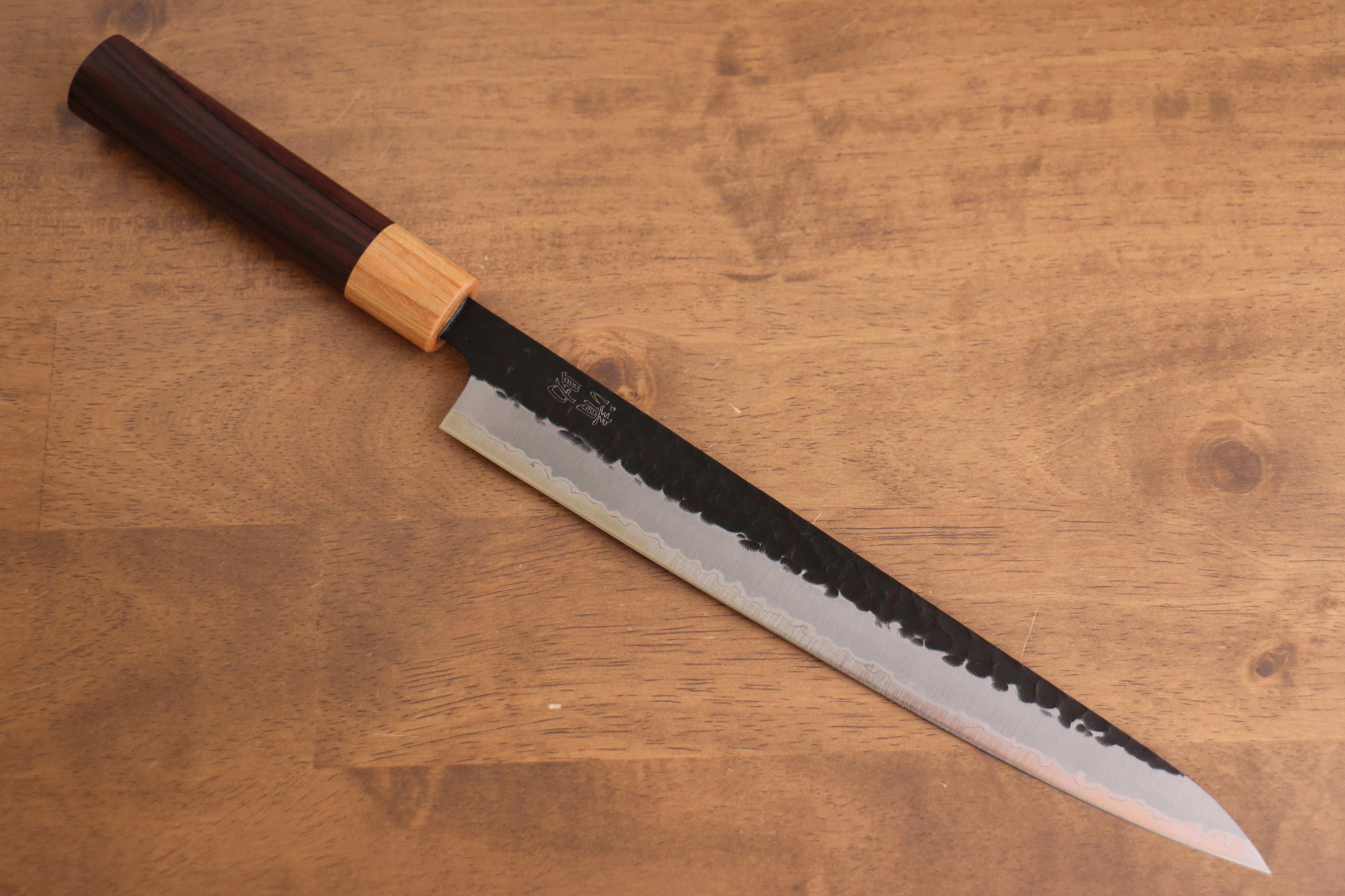 Seisuke Kokubyaku Blue Super Hammered Kurouchi Sujihiki 240mm Shitan Handle - Japanny - Best Japanese Knife