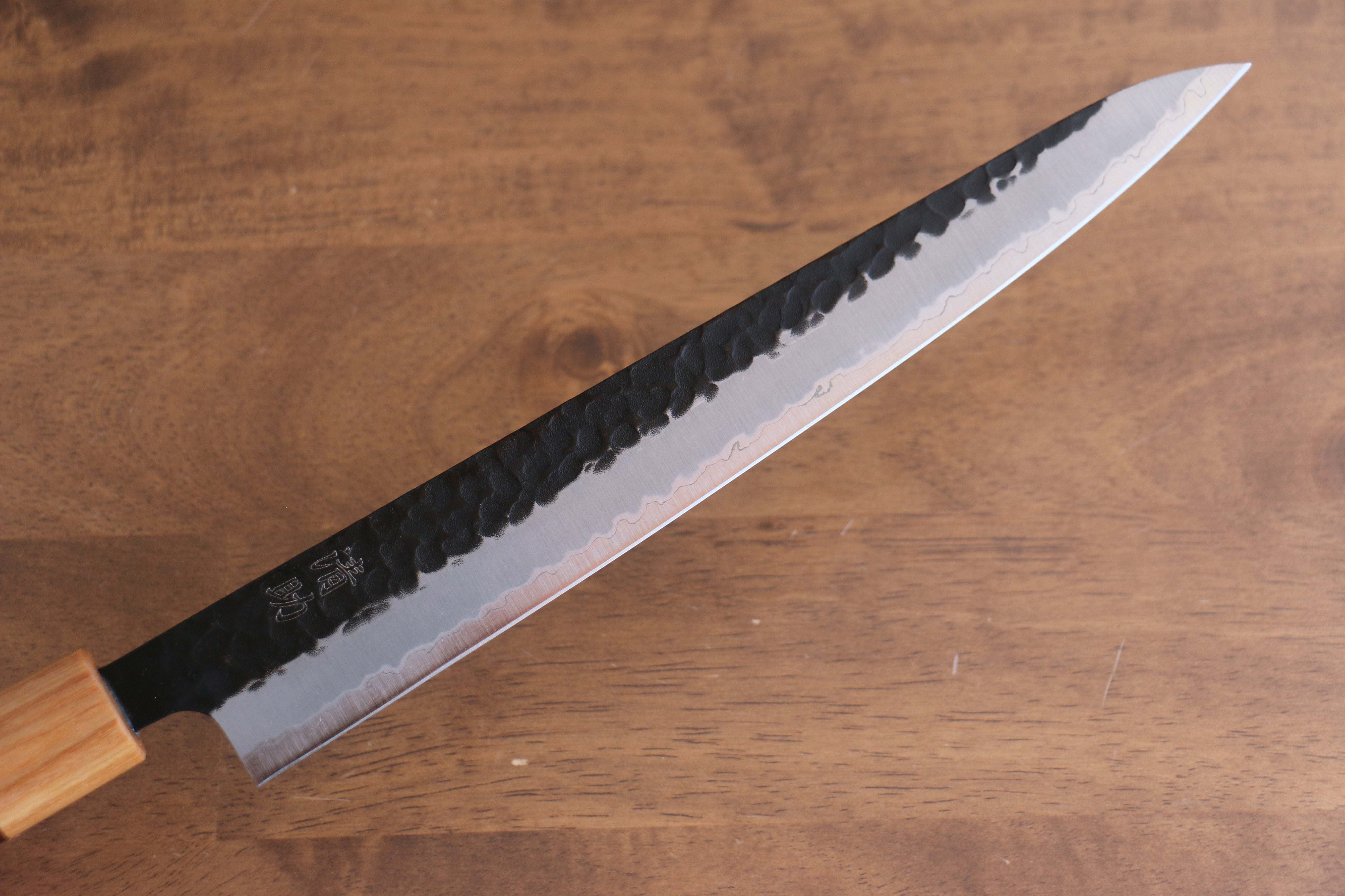Seisuke Kokubyaku Blue Super Hammered Kurouchi Sujihiki 240mm Shitan Handle - Japanny - Best Japanese Knife