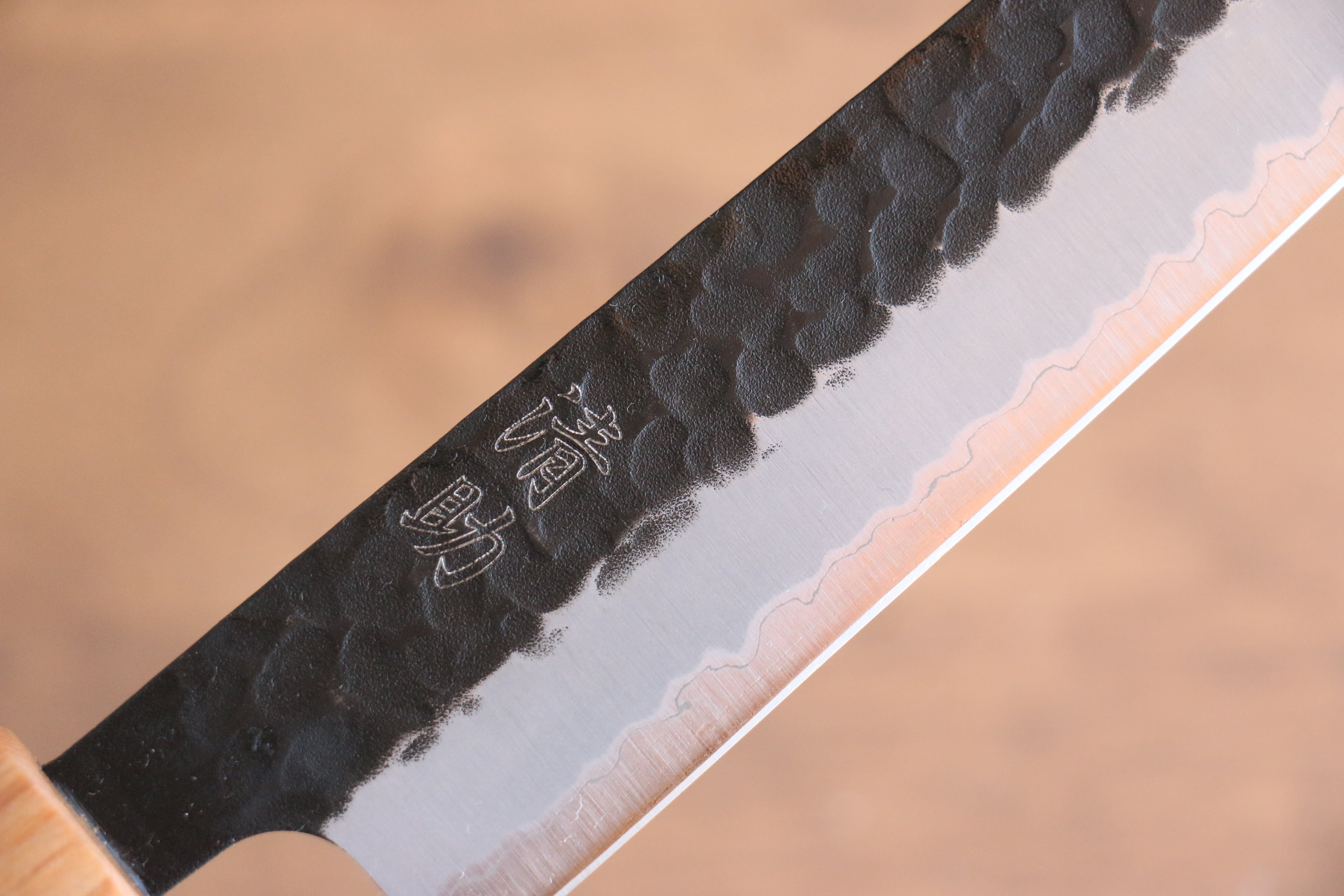 Seisuke Kokubyaku Blue Super Hammered Kurouchi Sujihiki 240mm Shitan Handle - Japanny - Best Japanese Knife