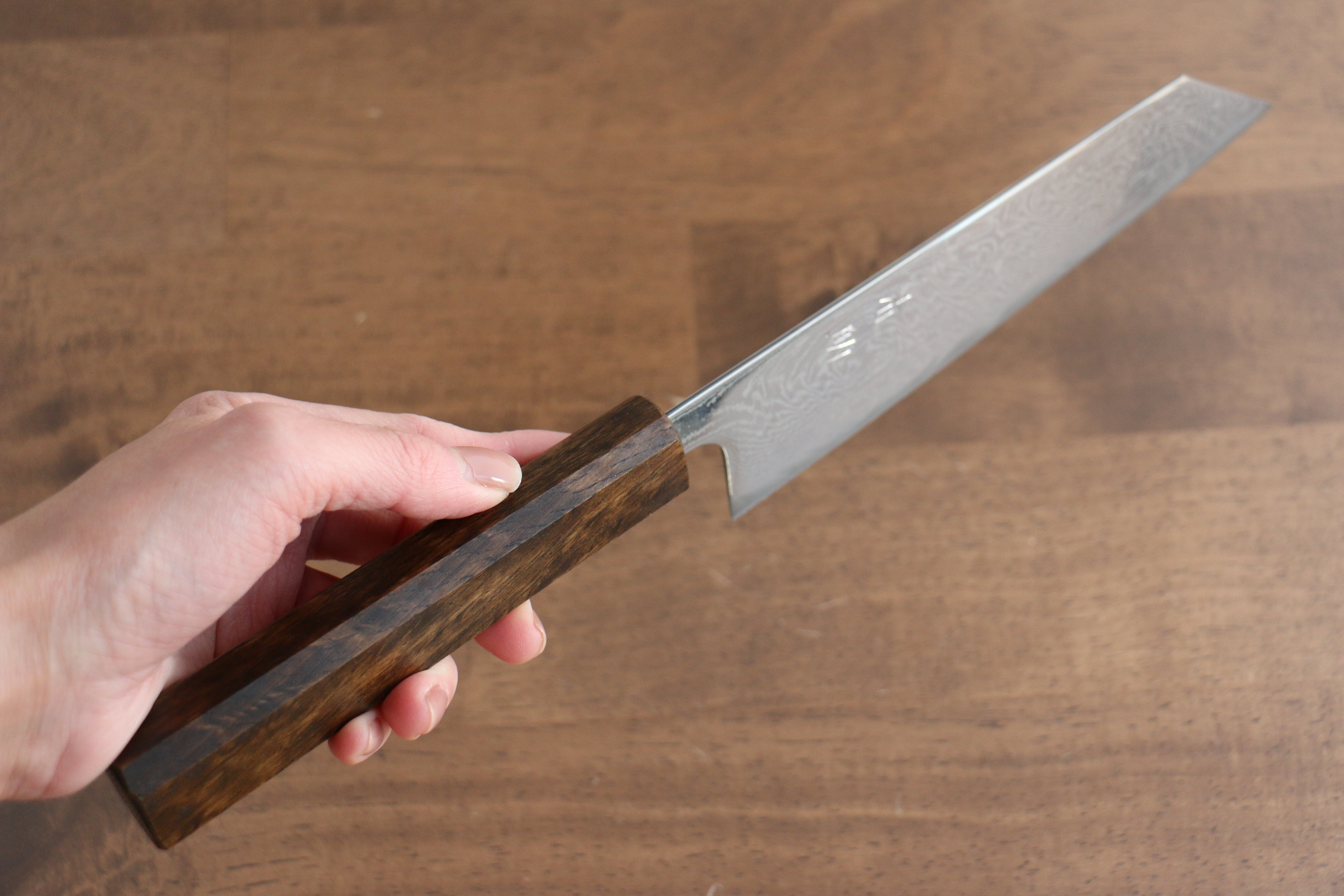 Seisuke Nami AUS10 Mirrored Finish Damascus Bunka 180mm Oak Handle - Japanny - Best Japanese Knife