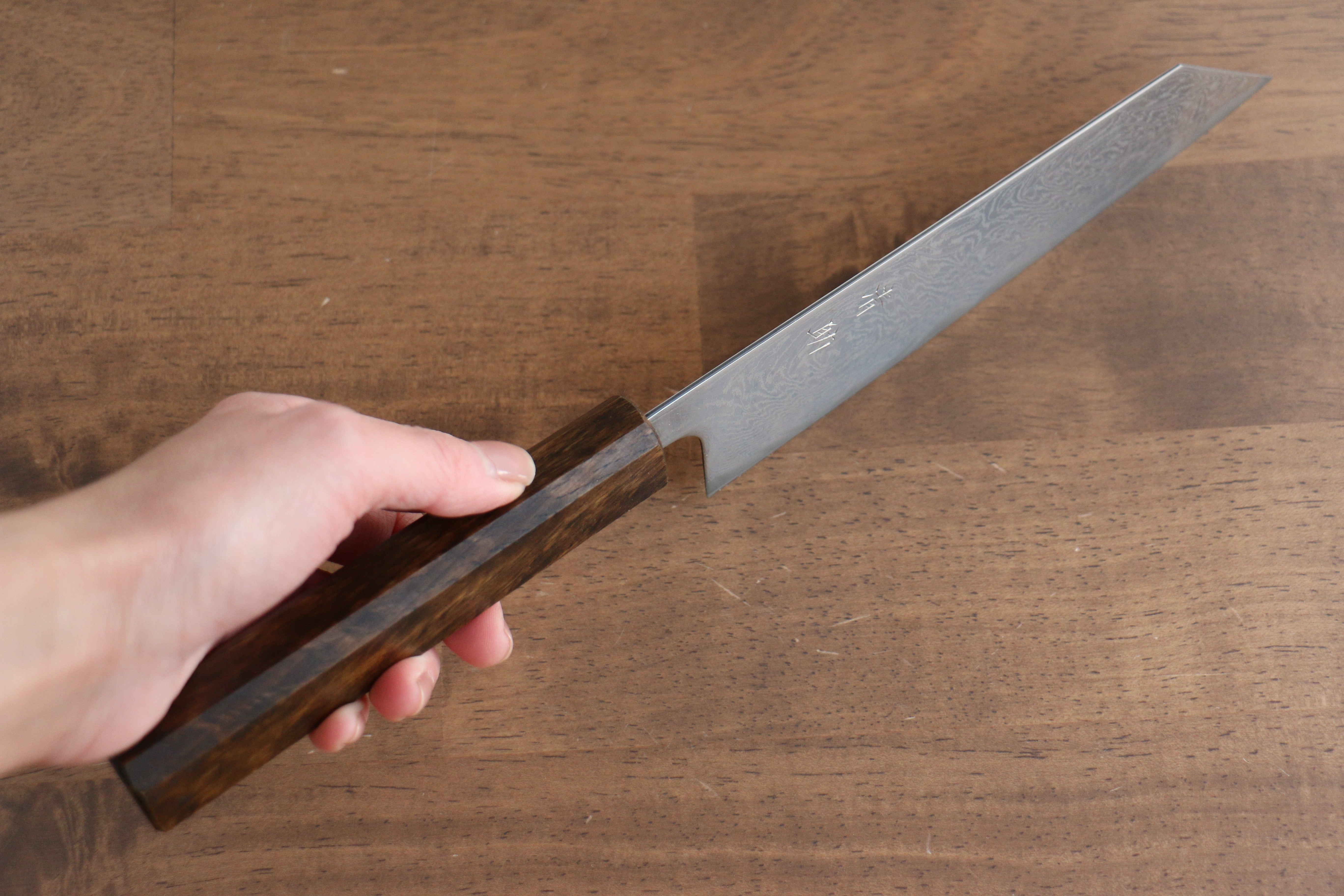 Seisuke Nami AUS10 Mirrored Finish Damascus Bunka 180mm Oak Handle - Japanny - Best Japanese Knife