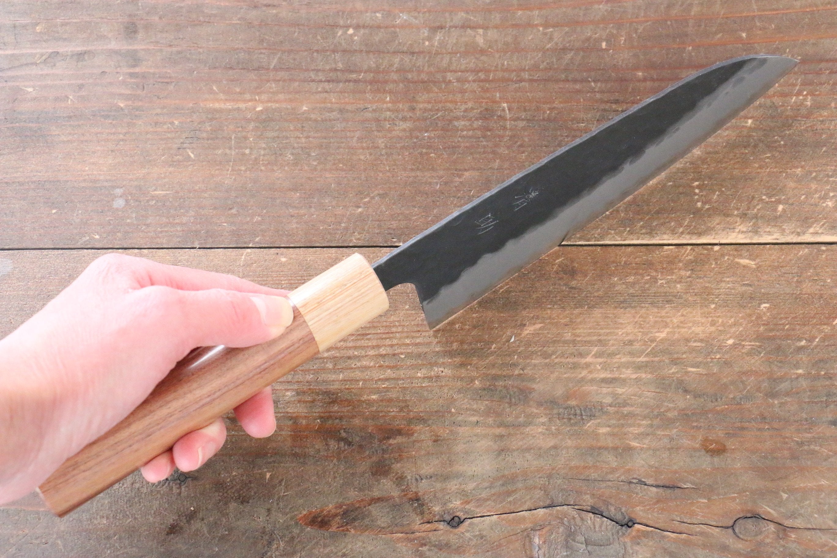 Seisuke Kokubyaku Blue Super Hammered Santoku 165mm Morado Handle - Japanny - Best Japanese Knife