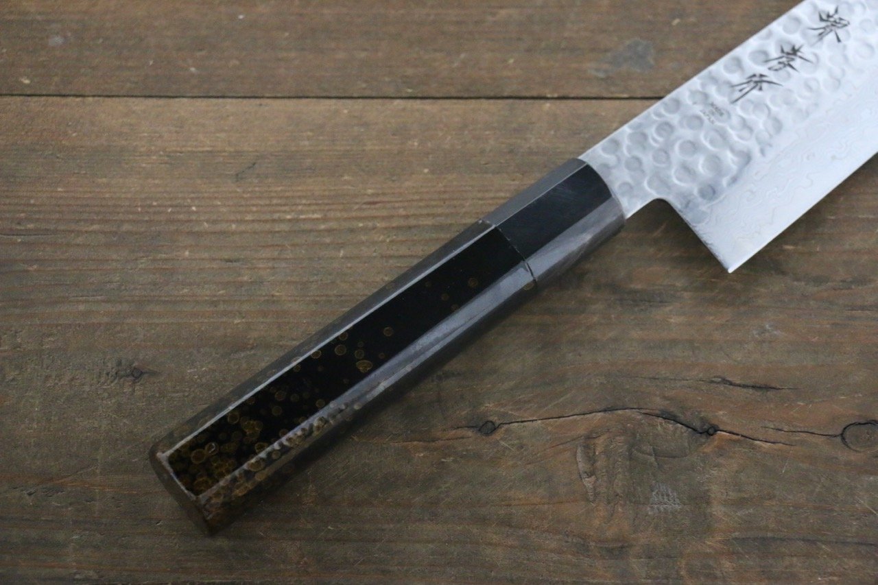 Sakai Takayuki AUS10 45 Layer Damascus Hammered Gyuto 240mm Gold Lacquered Handle with Sheath - Japanny - Best Japanese Knife