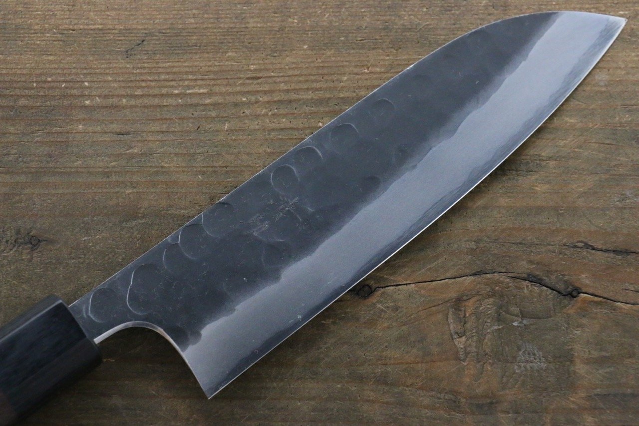 Seisuke Blue Steel No.2 Hammered Kurouchi Santoku 165mm Shitan Handle - Japanny - Best Japanese Knife