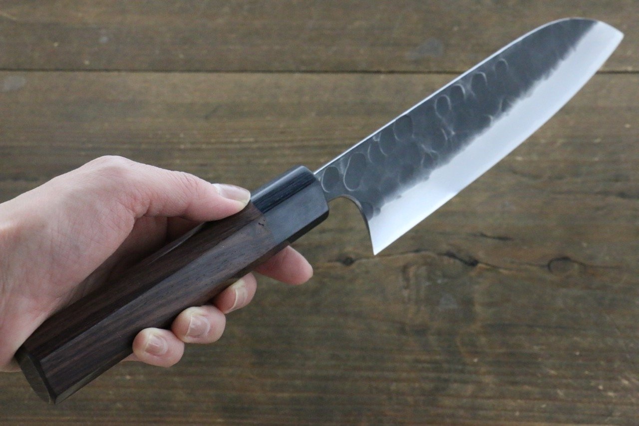 Seisuke Blue Steel No.2 Hammered Kurouchi Santoku 180mm Shitan Handle - Japanny - Best Japanese Knife