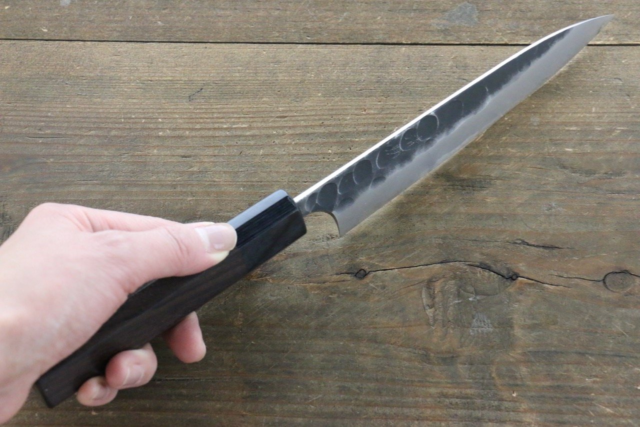 Seisuke Blue Steel No.2 Hammered Kurouchi Petty-Utility 150mm Shitan Handle - Japanny - Best Japanese Knife