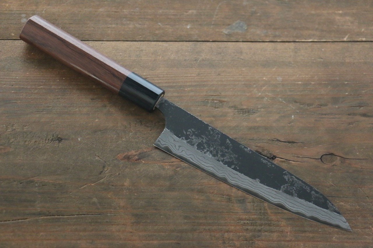 Shungo Ogata White Steel No.2 Kurouchi Damascus Petty-Utility 150mm Shitan Handle - Japanny - Best Japanese Knife
