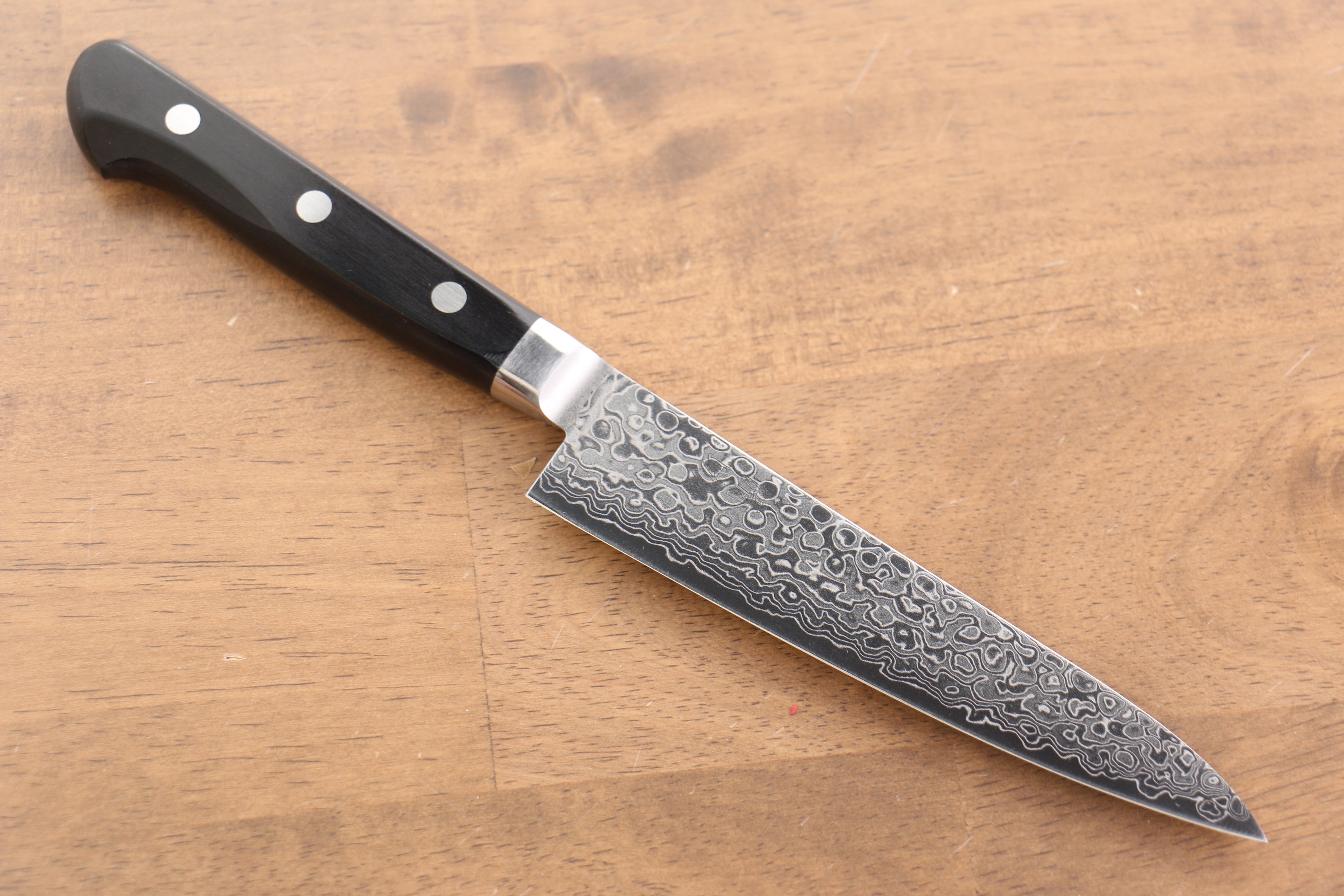 Seisuke Kagami AUS10 Mirrored Finish Damascus 45 Layer Petty-Utility 135mm Black Pakka wood Handle - Japanny - Best Japanese Knife