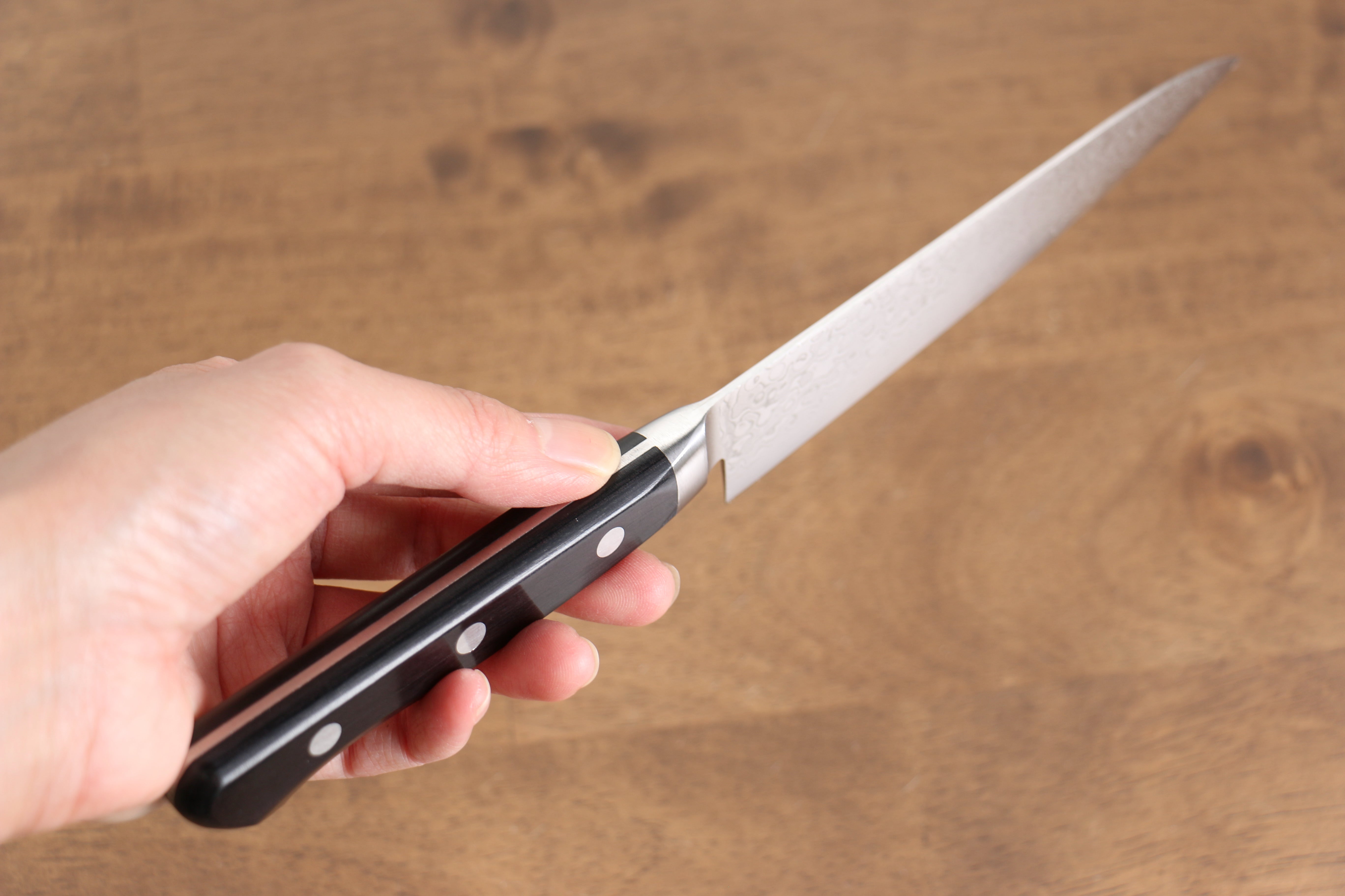 Seisuke Kagami AUS10 Mirrored Finish Damascus 45 Layer Petty-Utility 135mm Black Pakka wood Handle - Japanny - Best Japanese Knife
