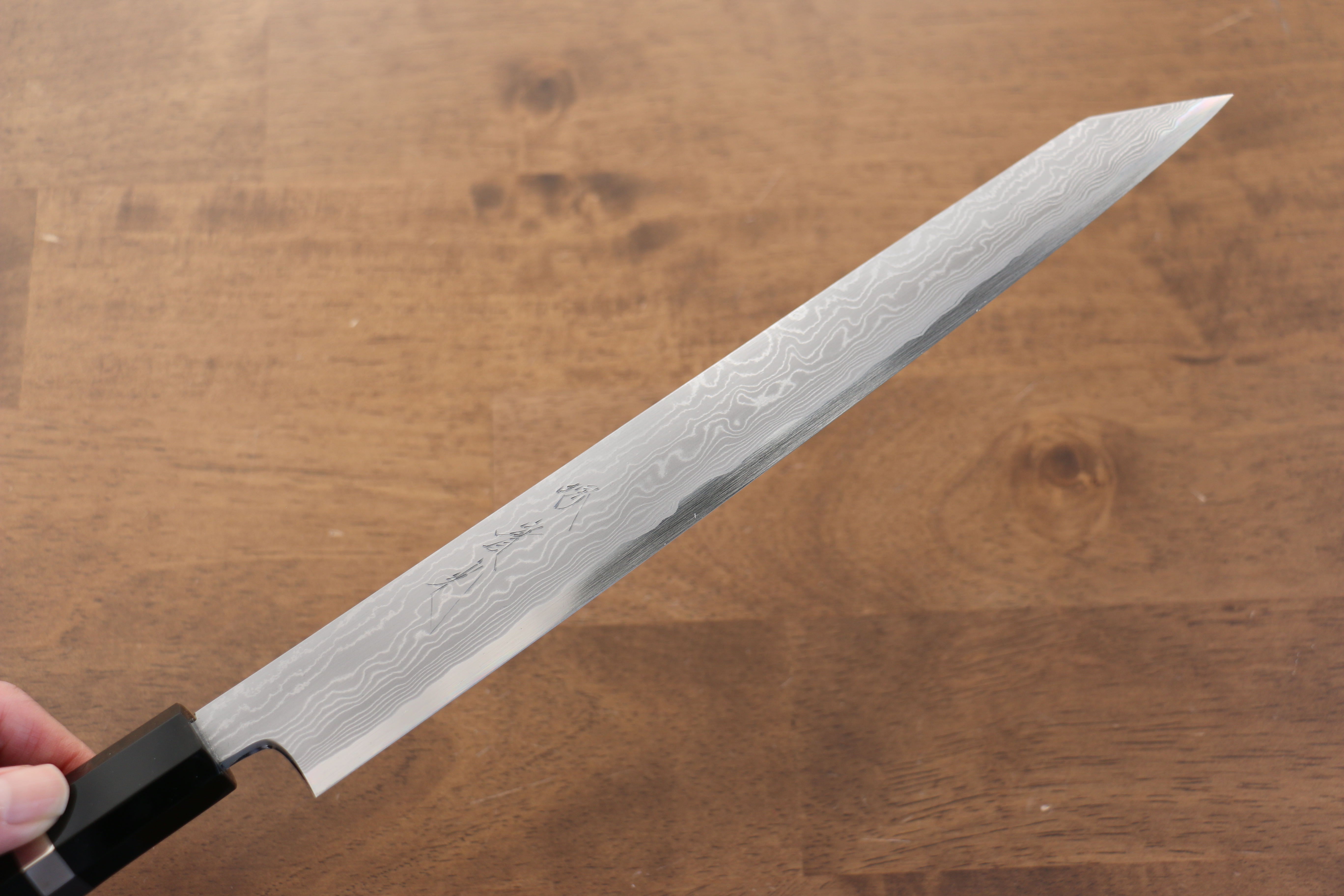 Jikko Blue Steel Damascus Kiritsuke Sujihiki 270mm Ebony with Double Ring Handle - Japanny - Best Japanese Knife