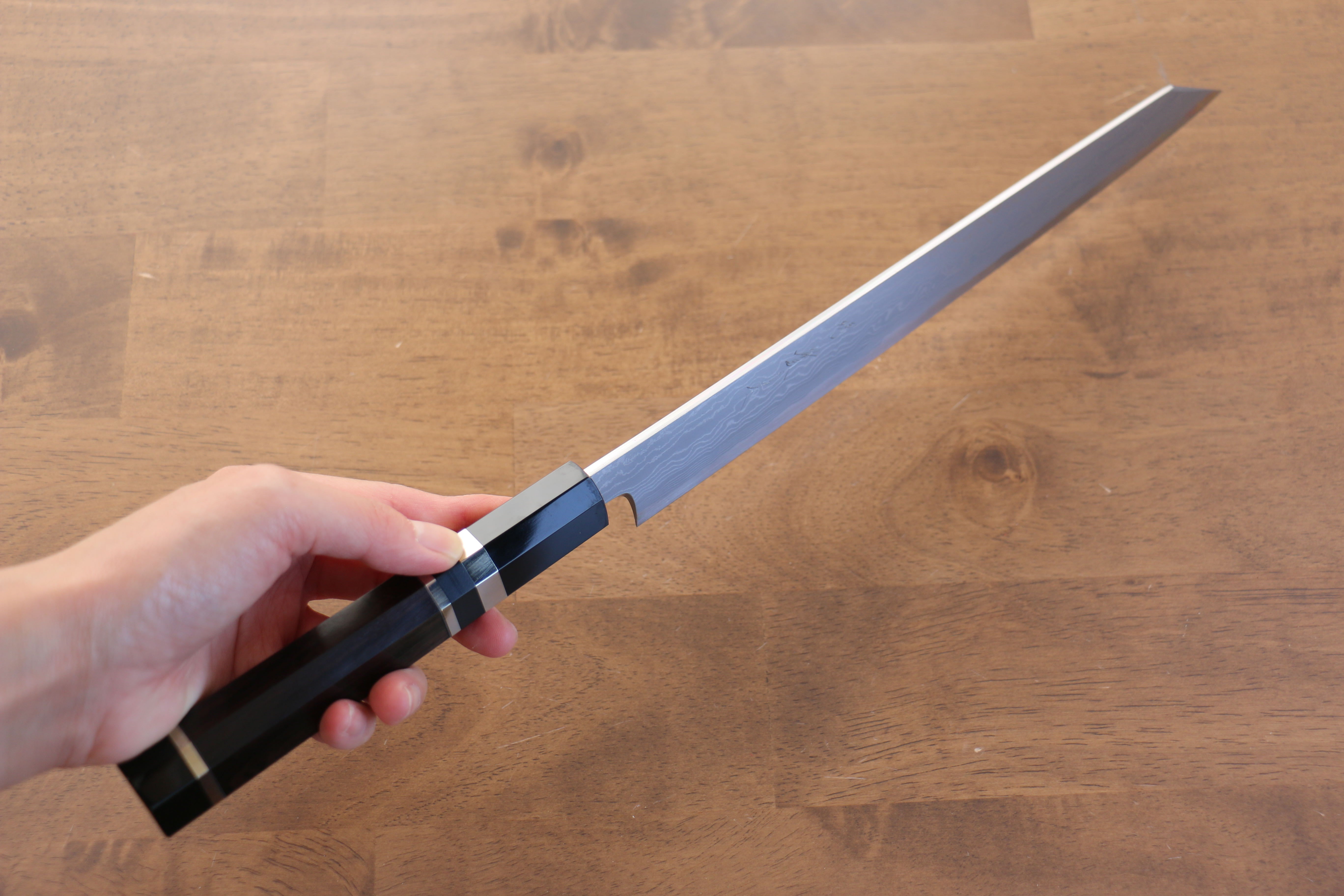 Jikko Blue Steel Damascus Kiritsuke Sujihiki 270mm Ebony with Double Ring Handle - Japanny - Best Japanese Knife