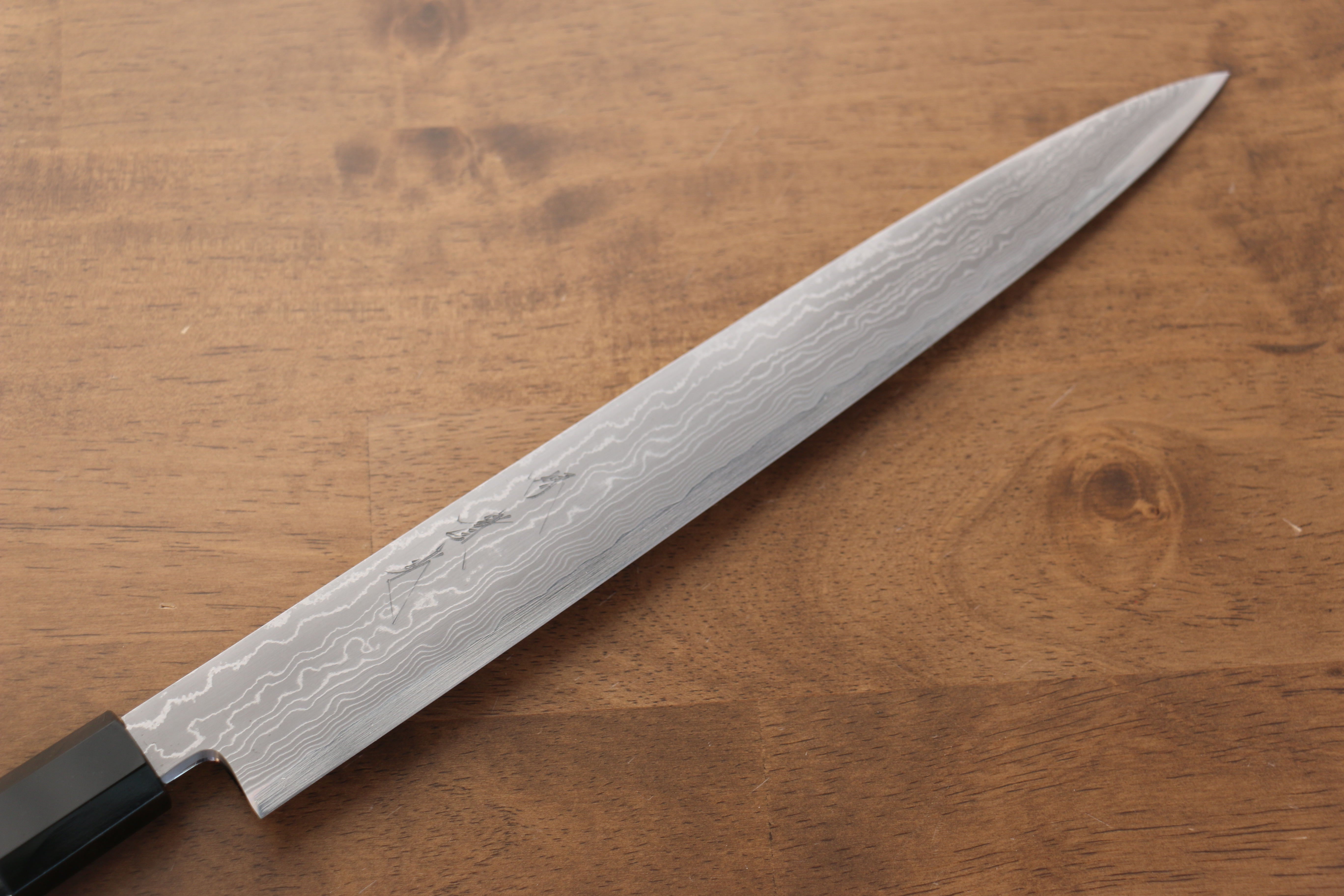 Jikko Blue Steel Damascus Sujihiki 300mm Ebony with Double Ring Handle - Japanny - Best Japanese Knife