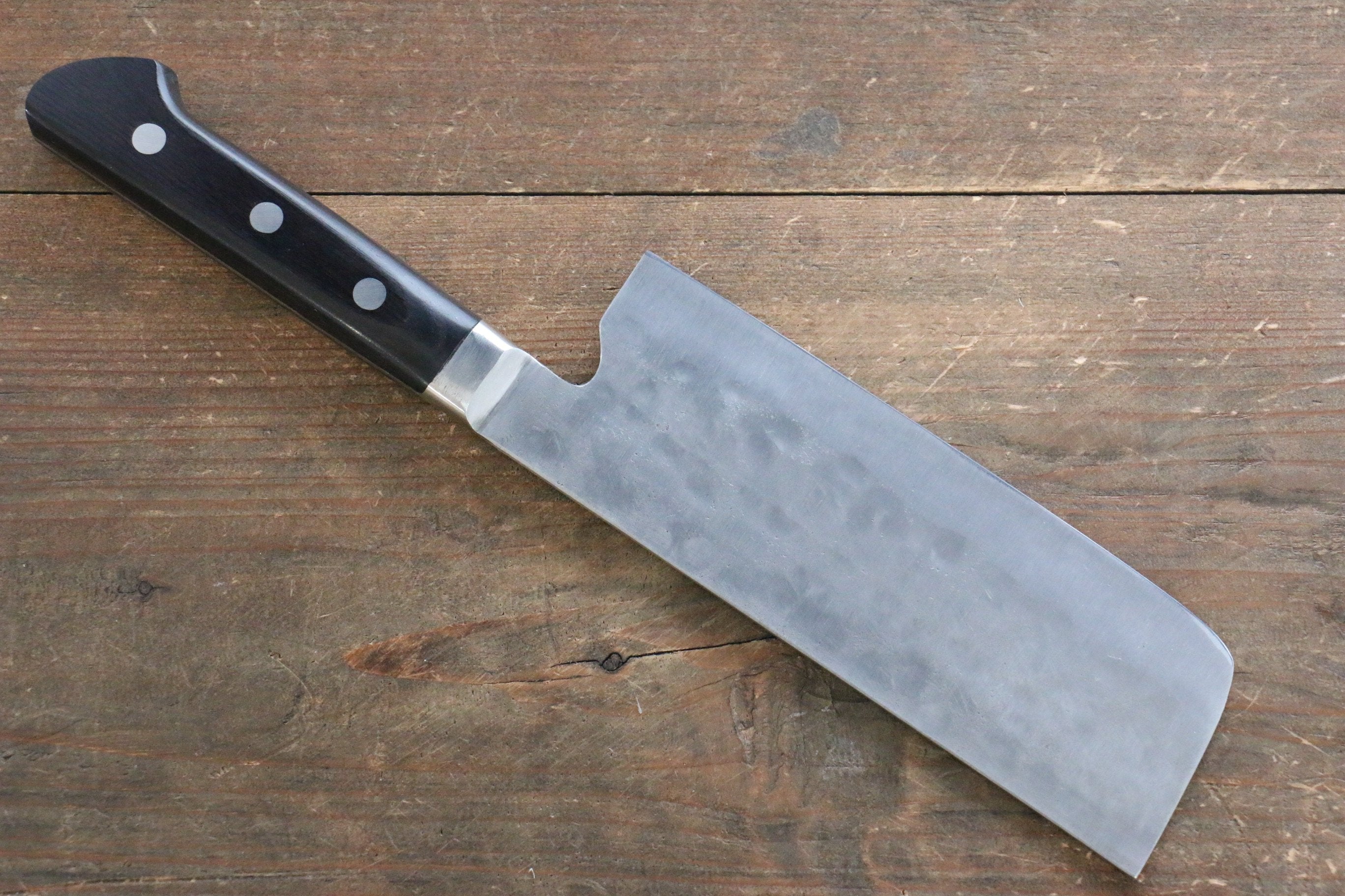Fujiwara Teruyasu Maboroshi White Steel No.1 Nashiji Hammered Nakiri 150mm with Black Pakka wood Handle - Japanny - Best Japanese Knife