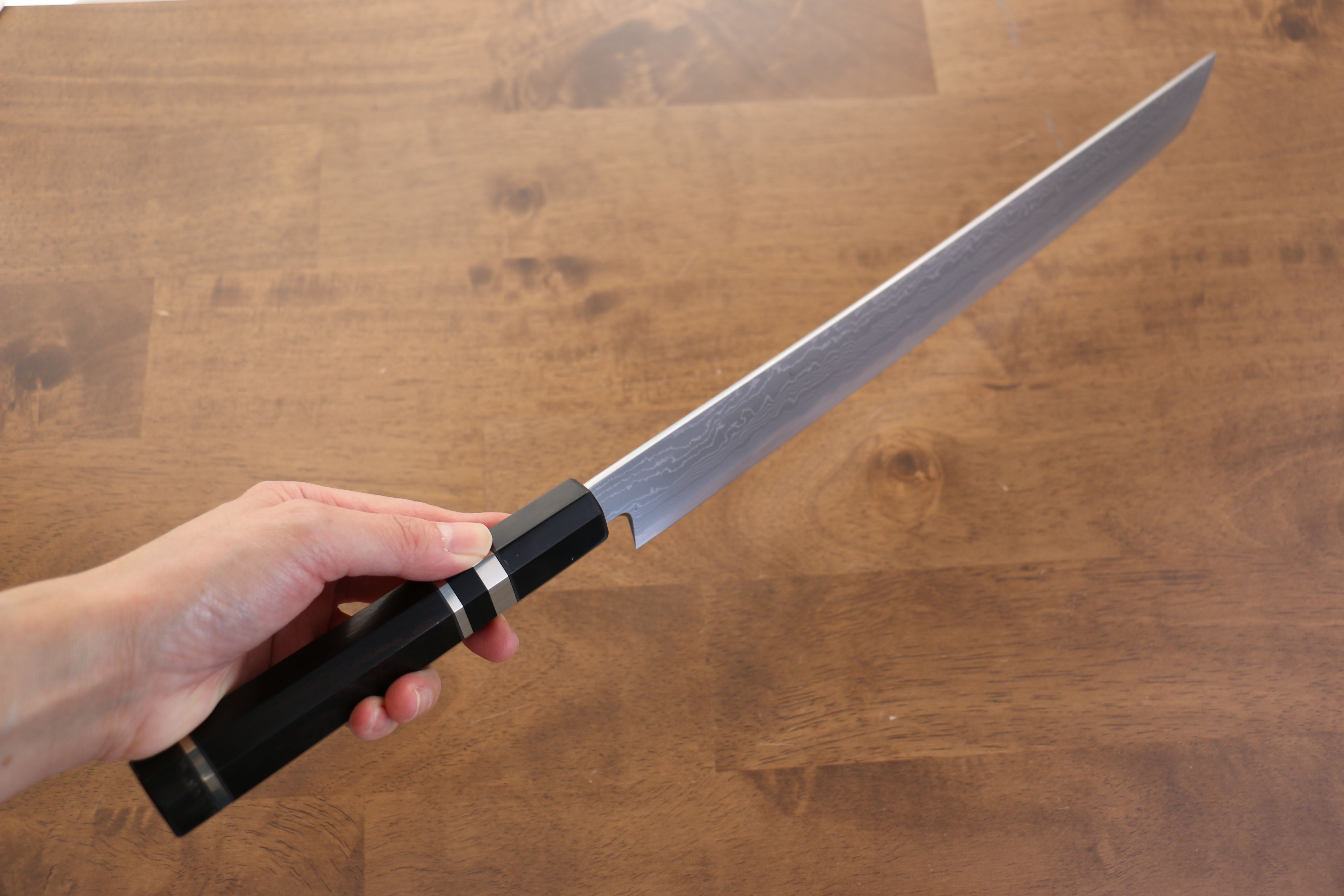 Jikko Blue Steel Damascus Sakimaru Sujihiki 300mm Ebony with Double Ring Handle - Japanny - Best Japanese Knife