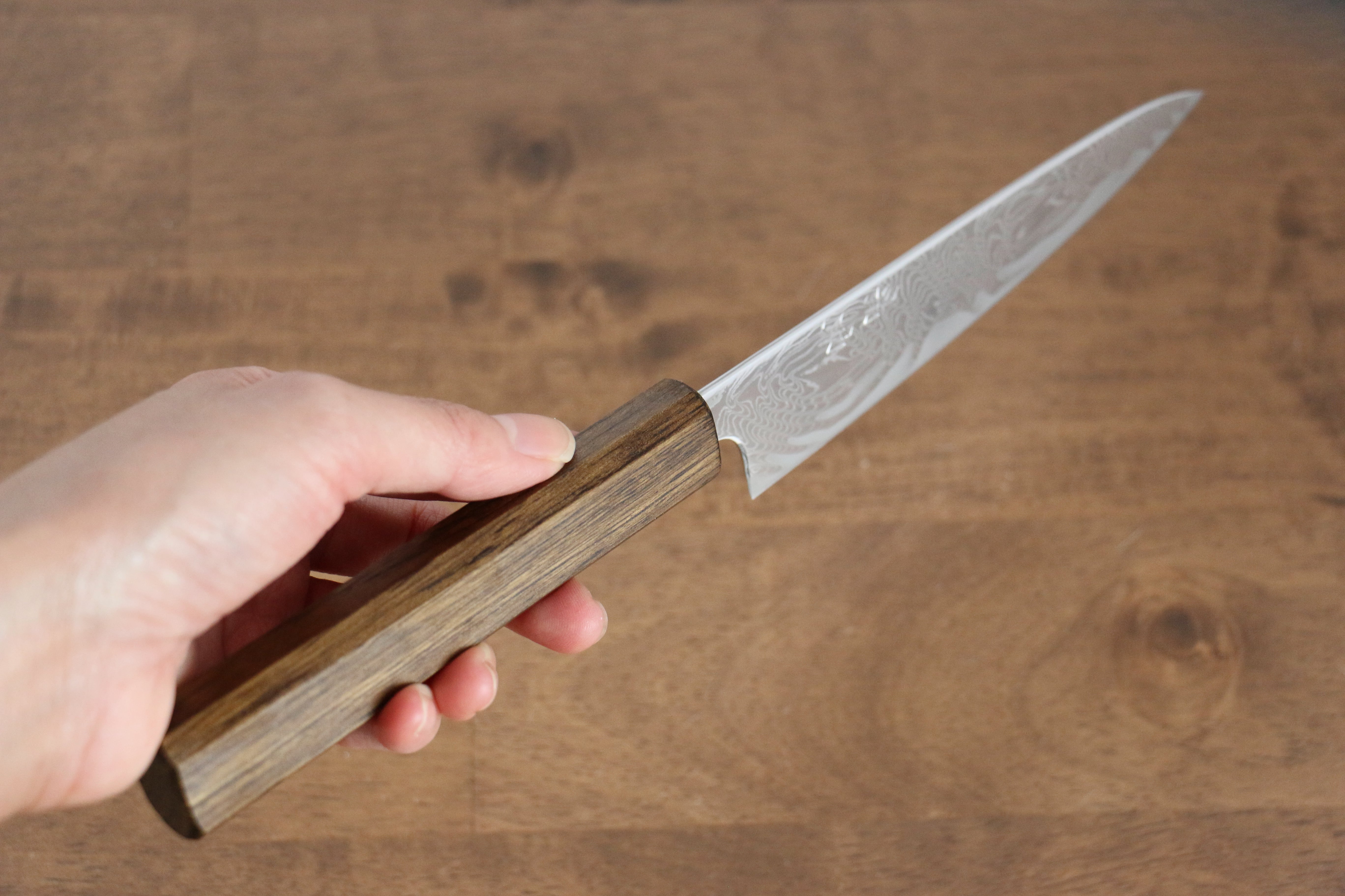 Seisuke Nami AUS10 Mirrored Finish Damascus Petty-Utility 135mm Oak Handle - Japanny - Best Japanese Knife