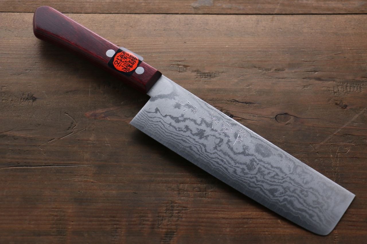 Shigeki Tanaka VG10 17 Layer Damascus Nakiri 160mm Red Pakka wood Handle - Japanny - Best Japanese Knife