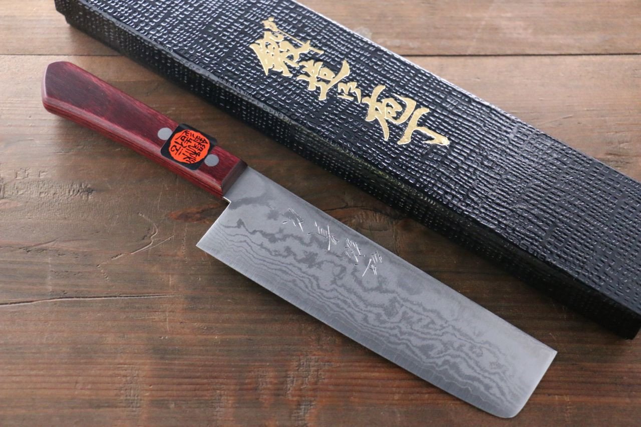 Shigeki Tanaka VG10 17 Layer Damascus Nakiri 160mm Red Pakka wood Handle - Japanny - Best Japanese Knife