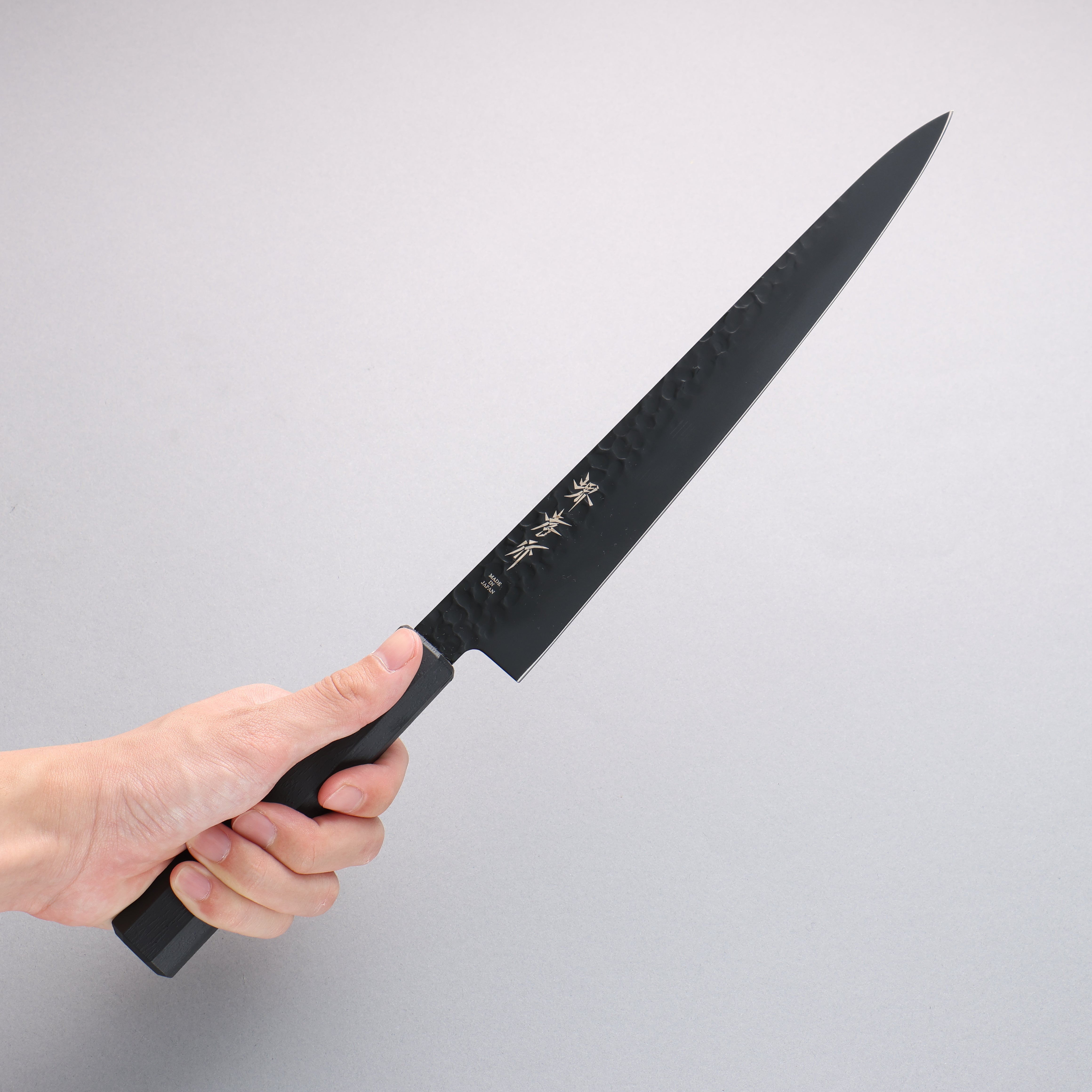Sakai Takayuki Kurokage VG10 Hammered Teflon Coating Sujihiki 240mm Black Lacquered Handle - Japanny - Best Japanese Knife