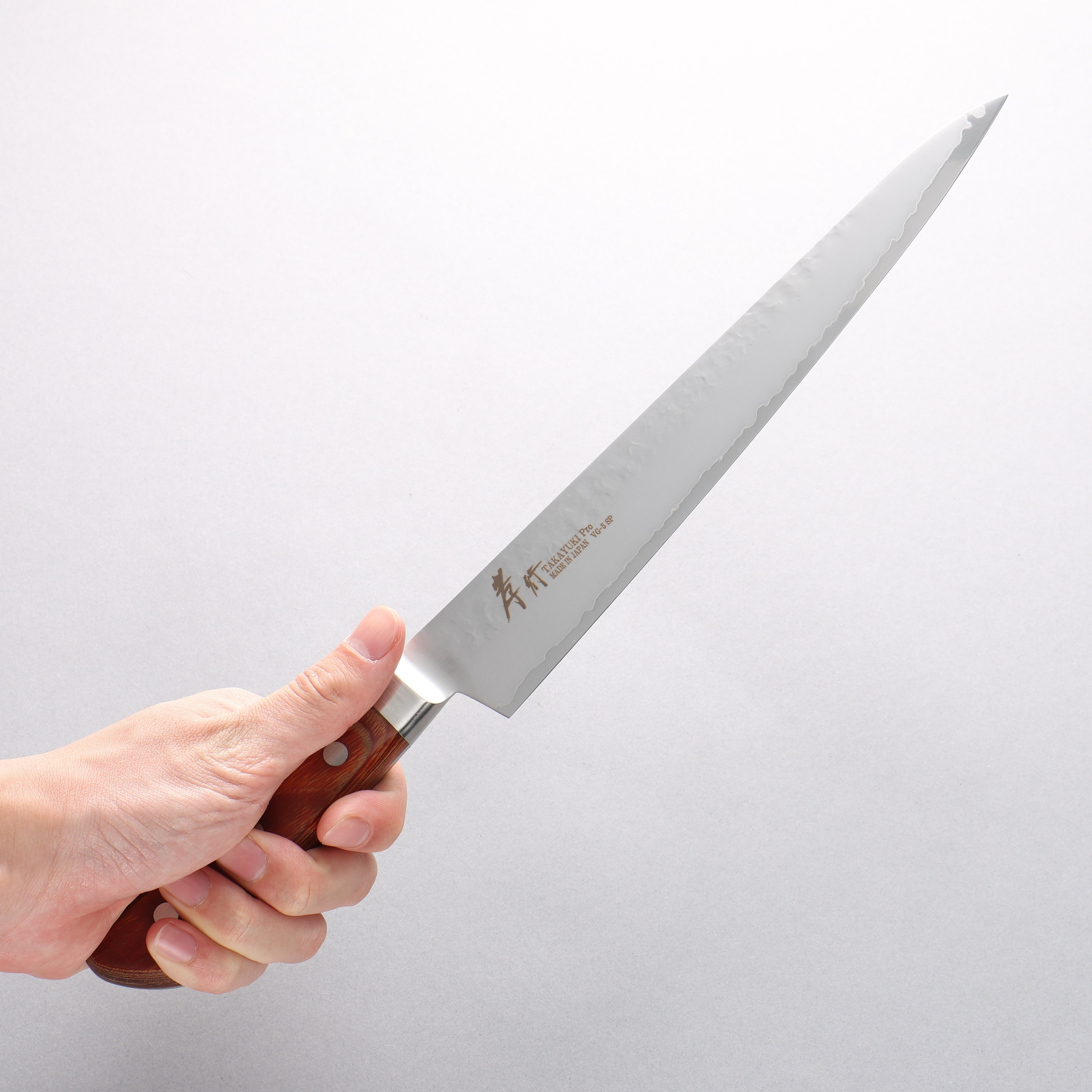 Sakai Takayuki VG5 Hammered Sujihiki 240mm Brown Pakka wood Handle - Japanny - Best Japanese Knife