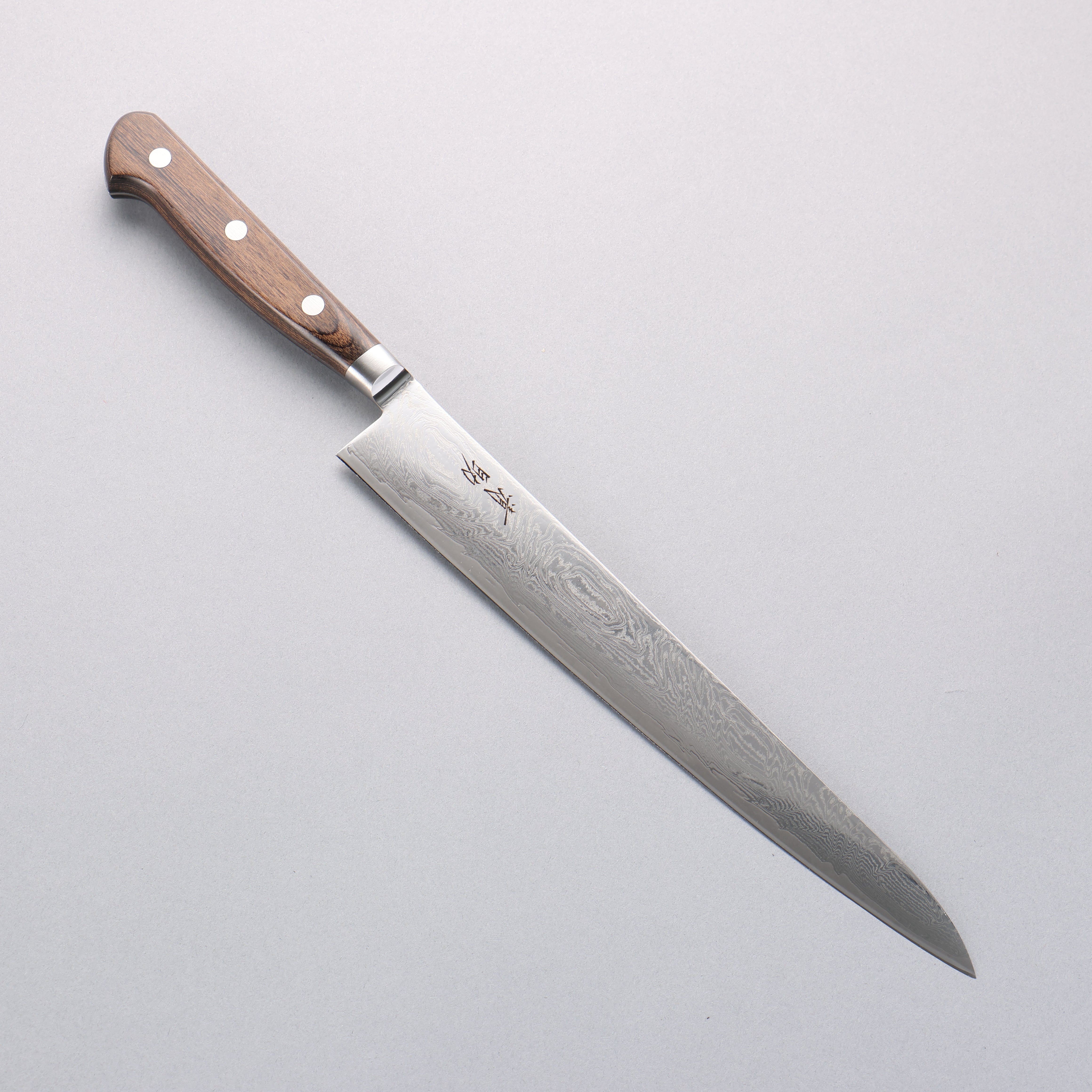 Seisuke Nami AUS10 Mirrored Finish Damascus Sujihiki 240mm Brown Pakka wood Handle - Japanny - Best Japanese Knife
