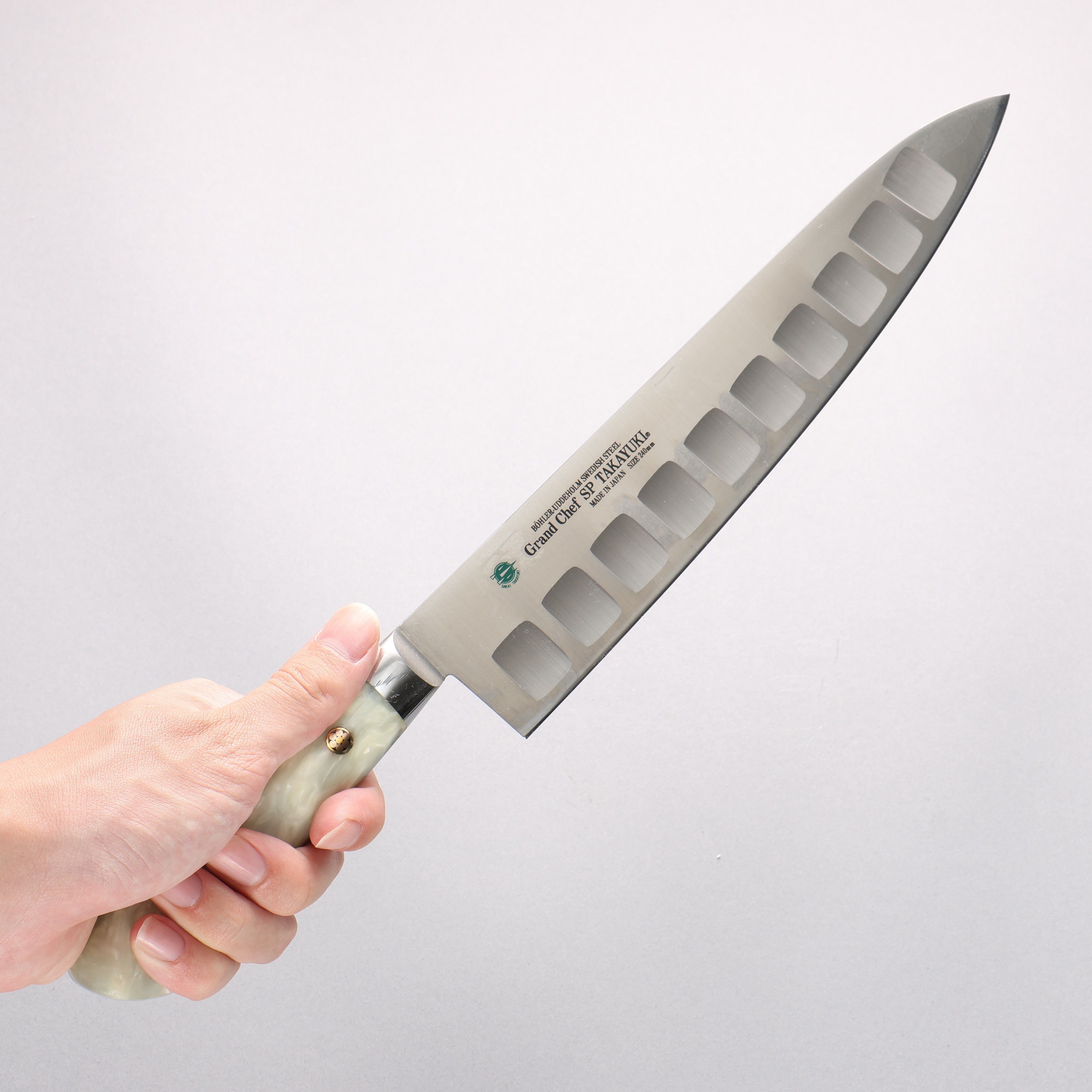 Sakai Takayuki Grand Chef SP Uddeholm Swedish stain-resistant steel Gyuto Salmon 240mm SP Type III (Pearl) Handle - Japanny - Best Japanese Knife