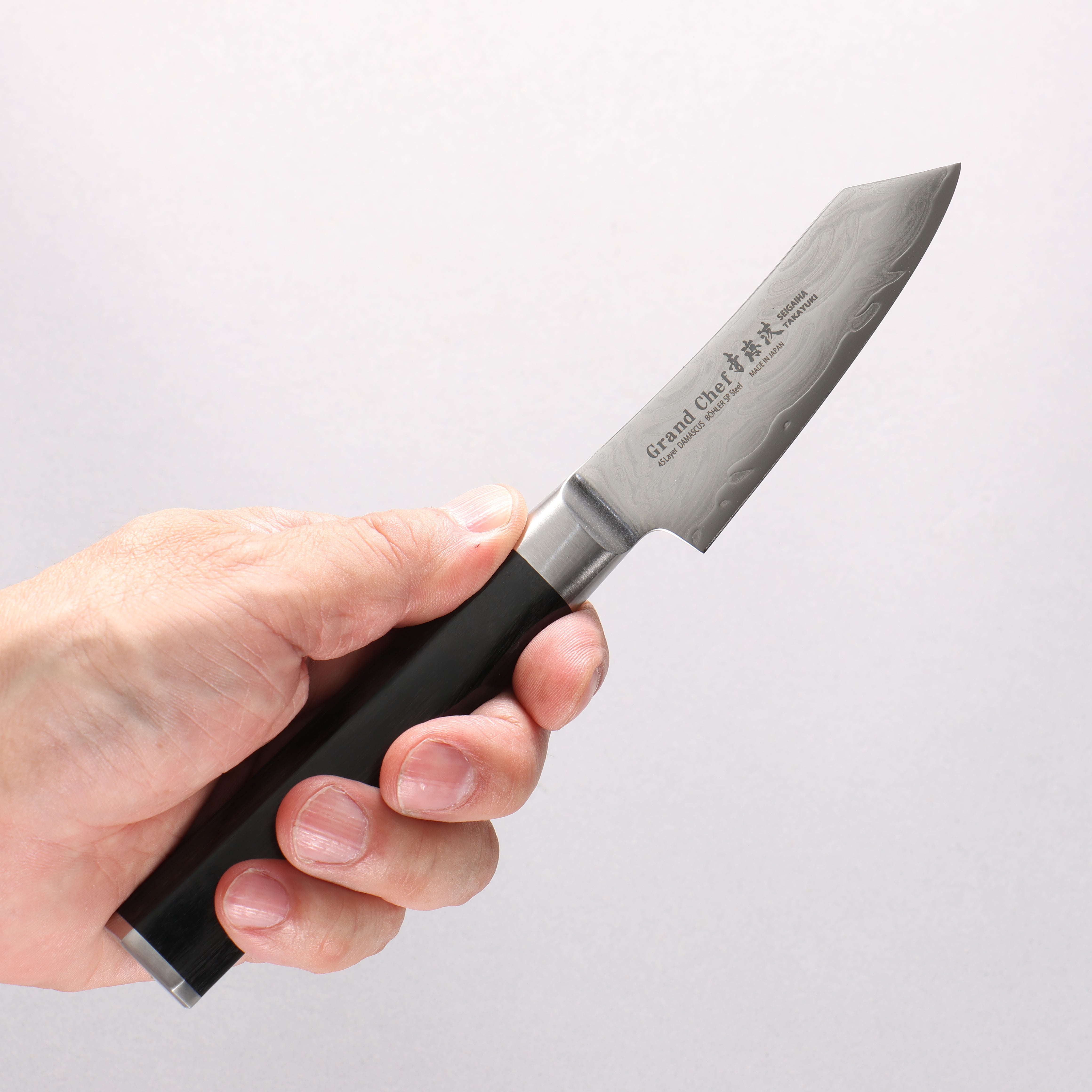 Sakai Takayuki Seigaiha (Blue Ocean Wave) Böhler SP Steel 45 Layer Damascus Migaki Finished Kengata Paring 80mm Black Pakka wood Handle - Japanny - Best Japanese Knife