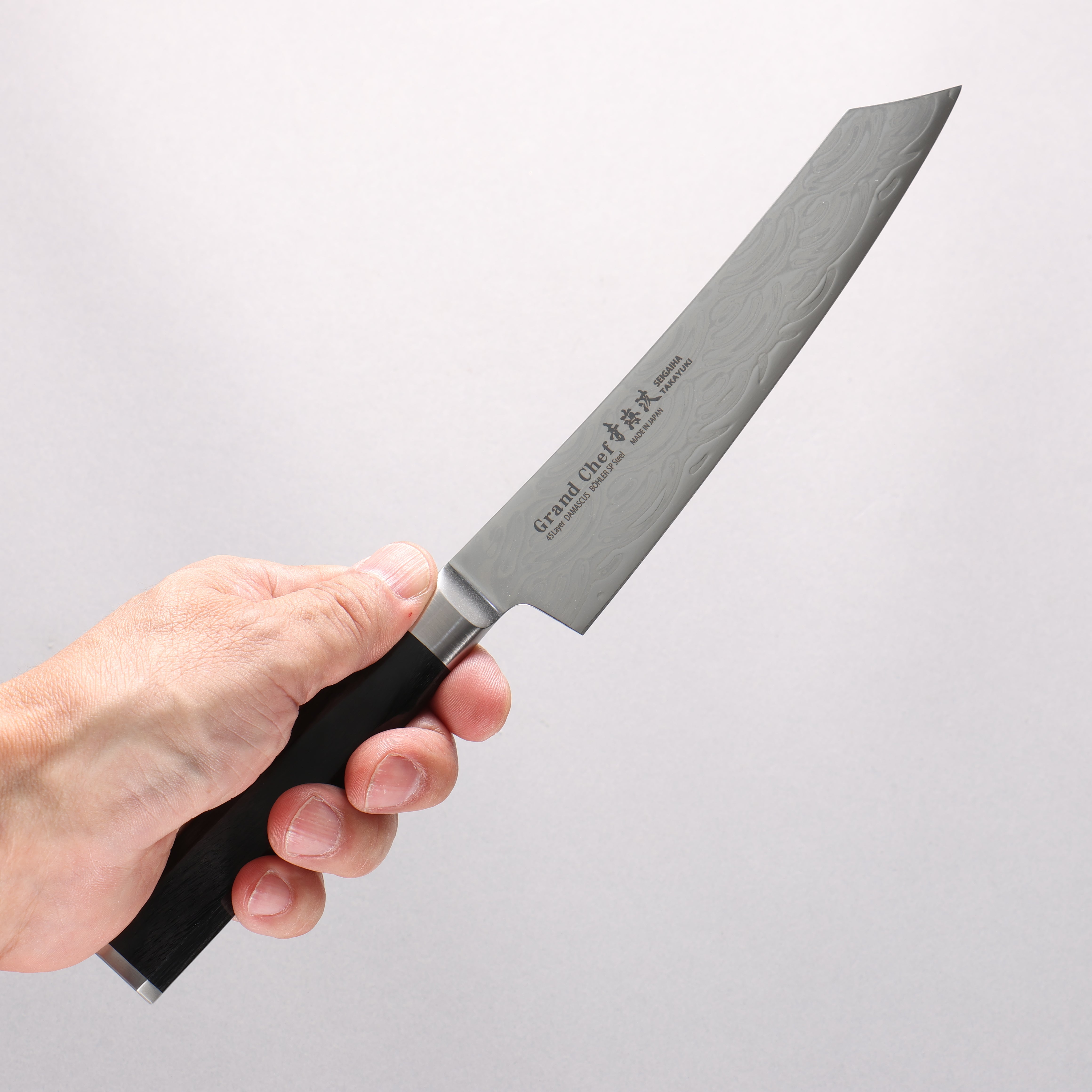 Sakai Takayuki Seigaiha (Blue Ocean Wave) Böhler SP Steel 45 Layer Damascus Migaki Finished Kengata Petty-Utility 150mm Black Pakka wood Handle - Japanny - Best Japanese Knife