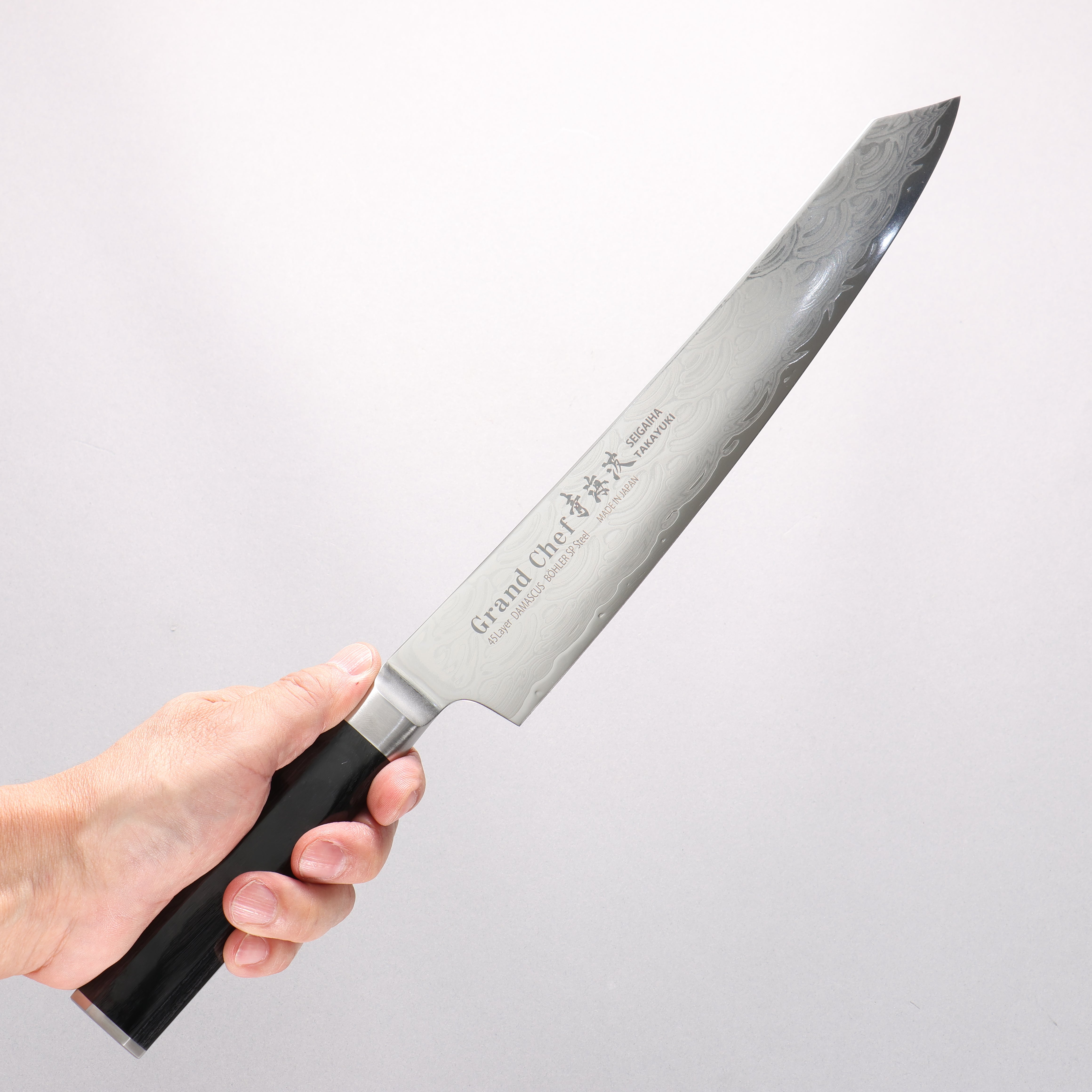 Sakai Takayuki Seigaiha (Blue Ocean Wave) Böhler SP Steel 45 Layer Damascus Migaki Finished Kengata Sujihiki 240mm Black Pakka wood Handle - Japanny - Best Japanese Knife