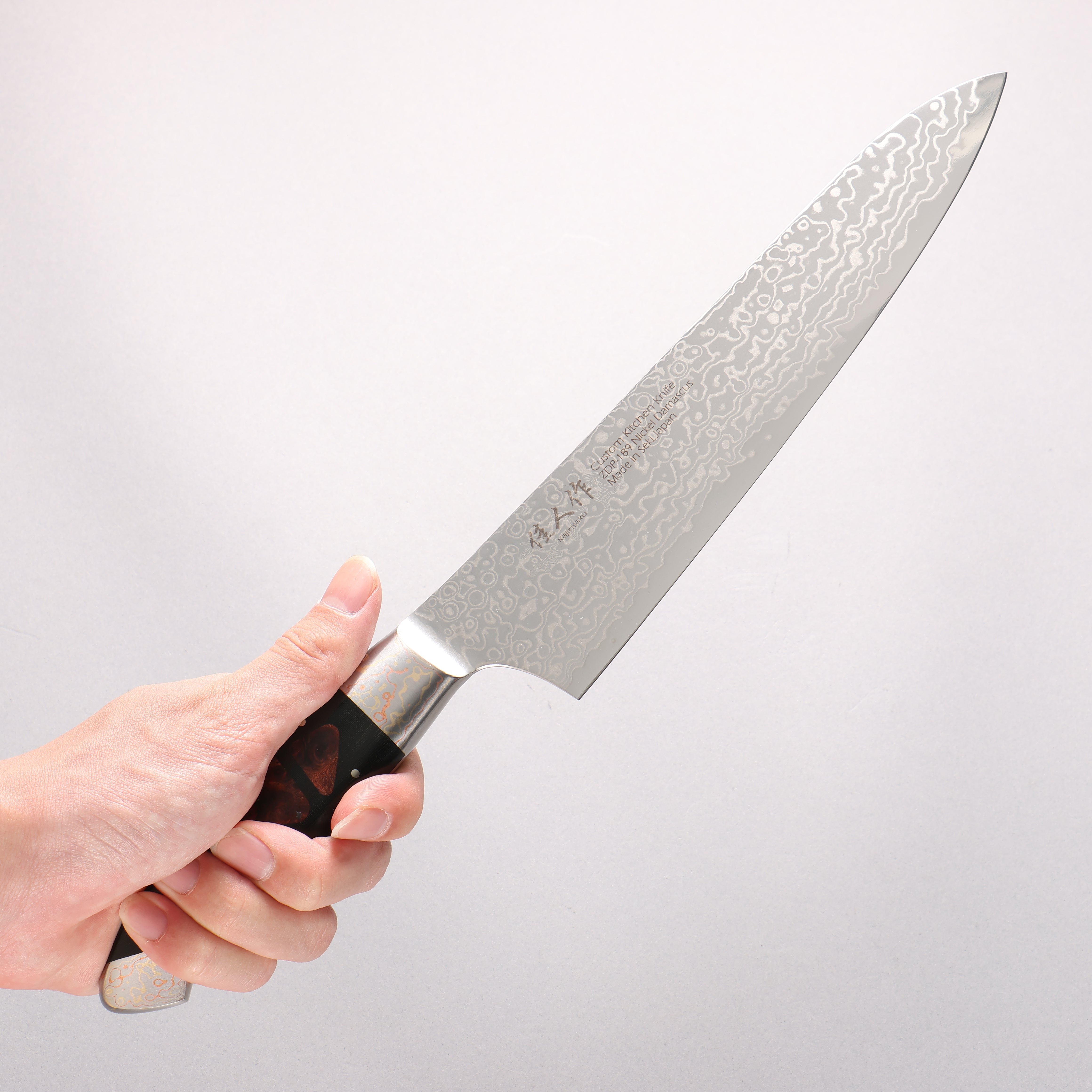 Kajin ZDP189 Damascus Migaki Finished Gyuto 210mm Chinese Quince Burl Inlay Handle - Japanny - Best Japanese Knife