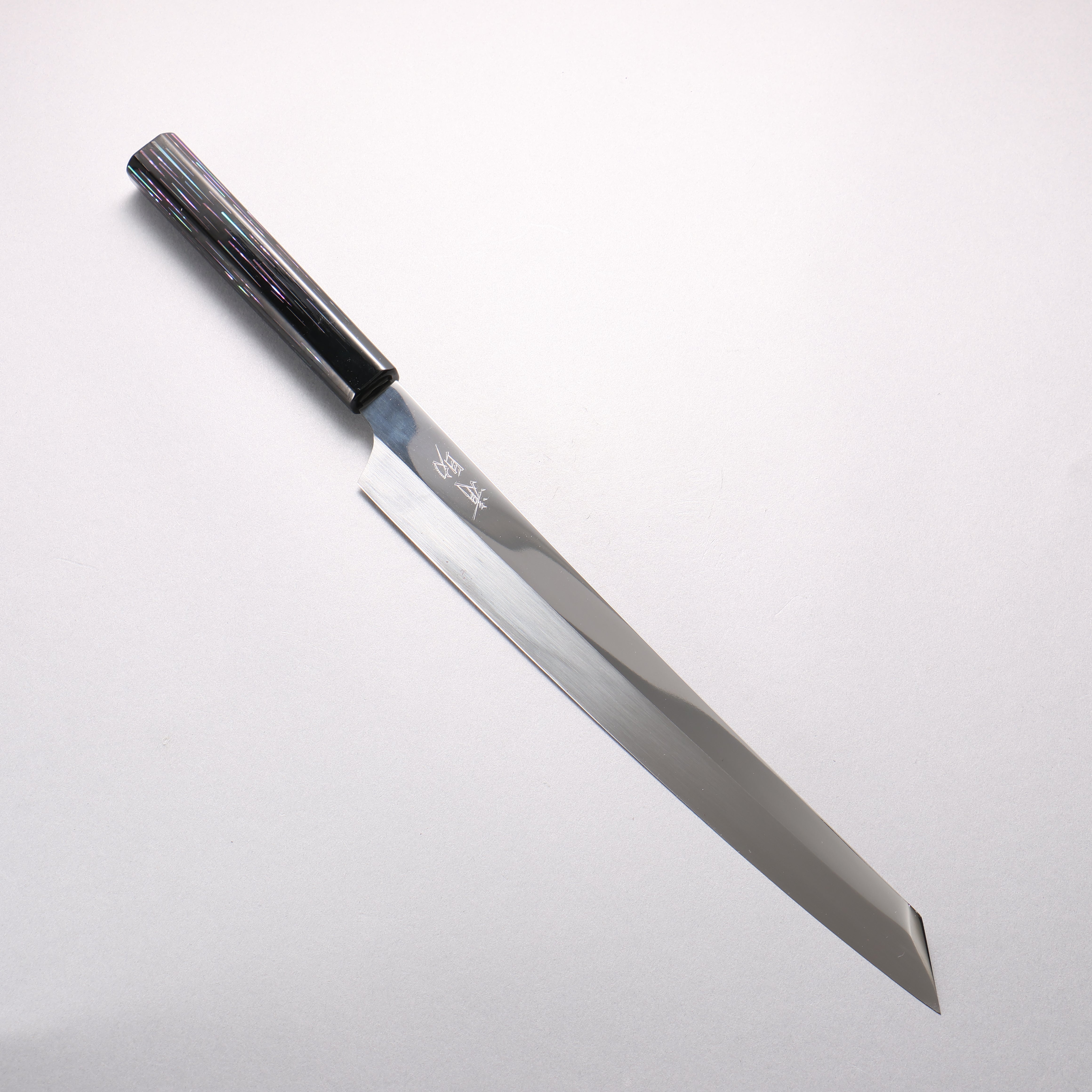 Sakai Takayuki Honyaki Hien VG10 Mirrored Finish Kengata Yanagiba 300mm Black Lacquered (with Mother of Pearl inlay) Handle with Sheath Tetris Pattern MOP inlay (���E�����������������) - Japanny - Best Japanese Knife