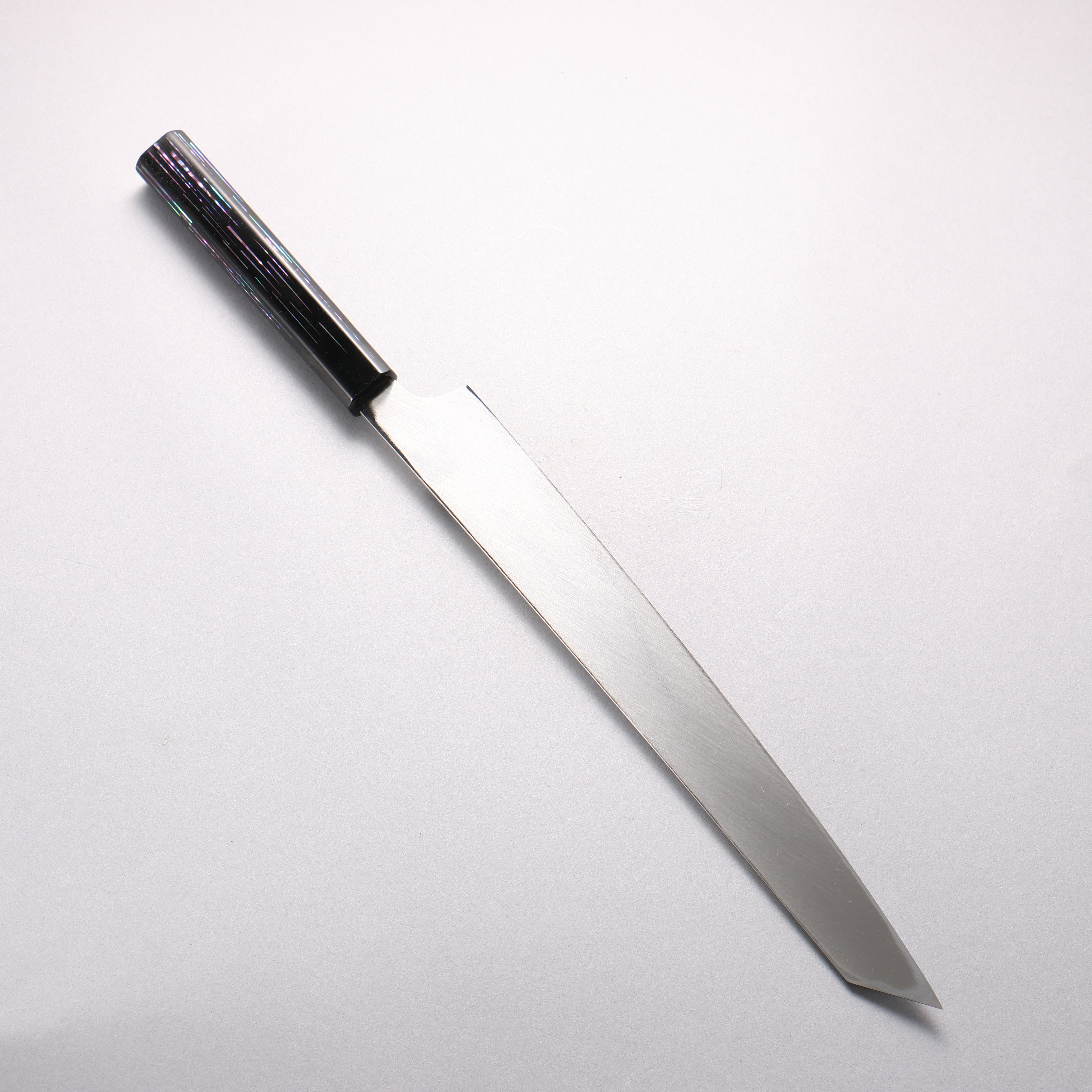 Sakai Takayuki Honyaki Hien VG10 Mirrored Finish Kengata Yanagiba 300mm Black Lacquered (with Mother of Pearl inlay) Handle with Sheath Tetris Pattern MOP inlay (���E�����������������) - Japanny - Best Japanese Knife
