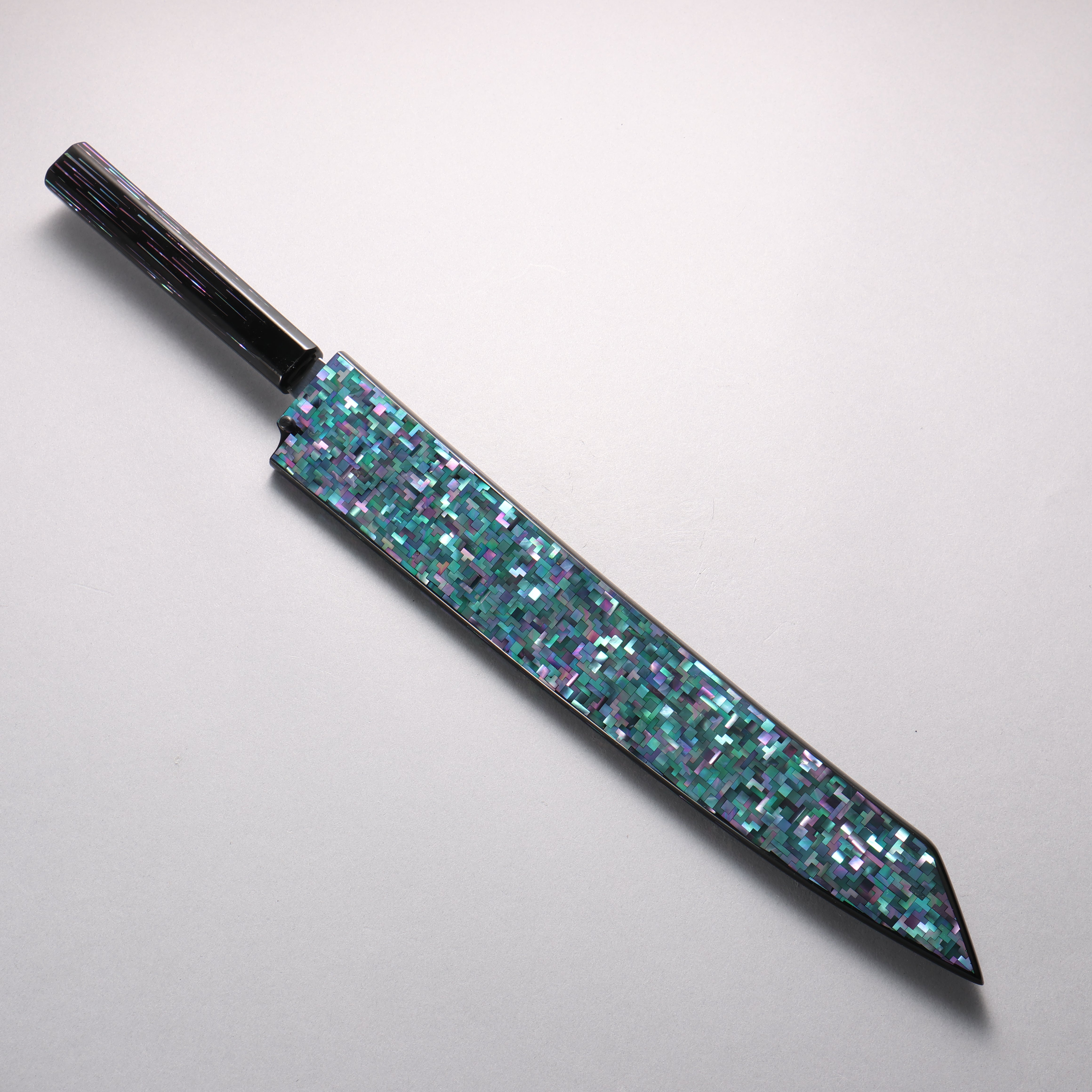 Sakai Takayuki Honyaki Hien VG10 Mirrored Finish Kengata Yanagiba 300mm Black Lacquered (with Mother of Pearl inlay) Handle with Sheath Tetris Pattern MOP inlay (���E�����������������) - Japanny - Best Japanese Knife