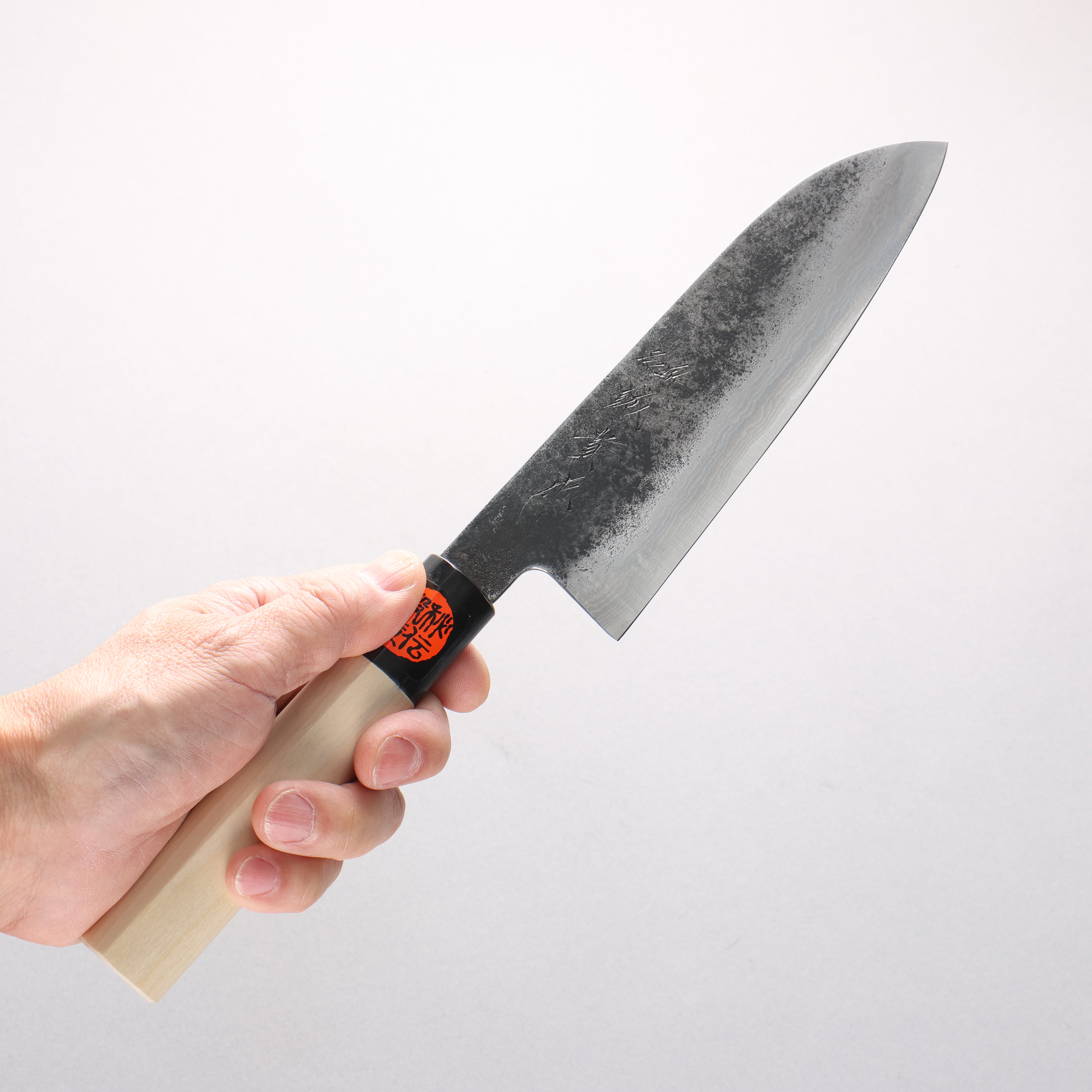 Shigeki Tanaka Blue Steel No.2 Damascus Kurouchi Santoku 170mm Magnolia Handle - Japanny - Best Japanese Knife