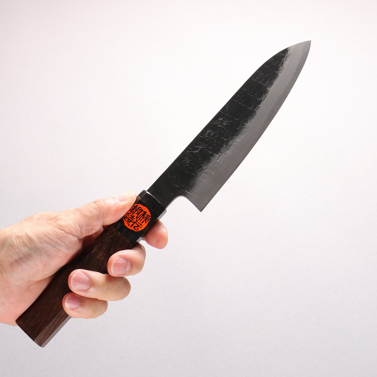 Shigeki Tanaka Blue Steel No.2 Black Finished Hammered(square) Small Santoku 150mm Walnut Handle - Japanny - Best Japanese Knife